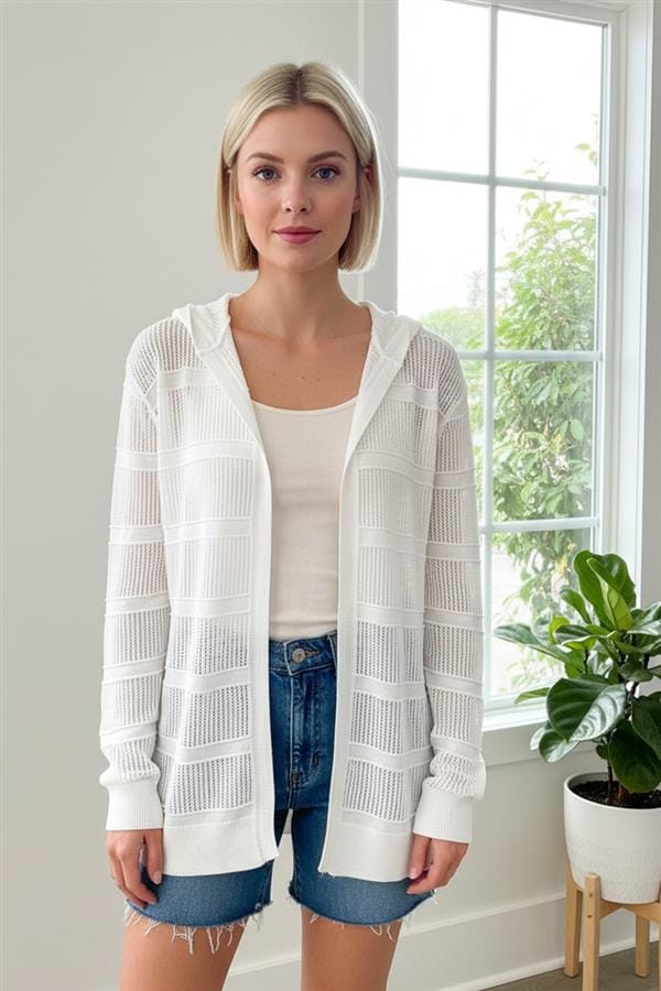 Off White Open Weave Open Front Cardigan