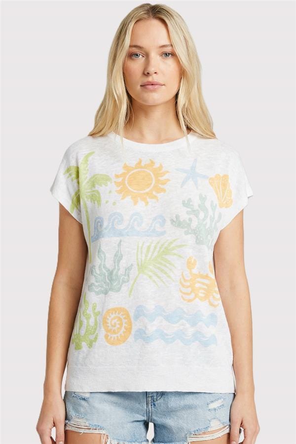 White Beach Theme Printed Sweater Top