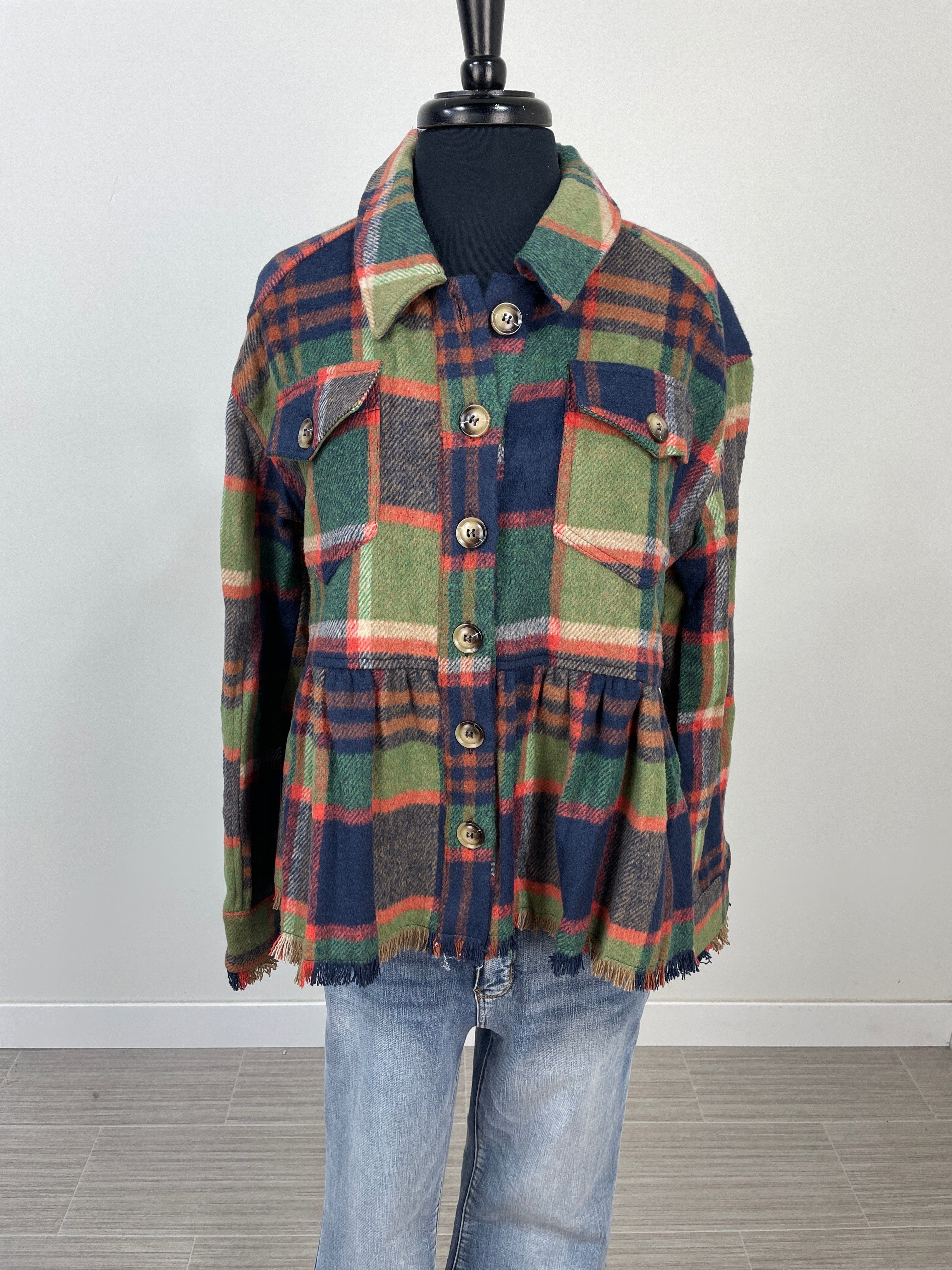 Navy & Green Plaid Peplum Jacket