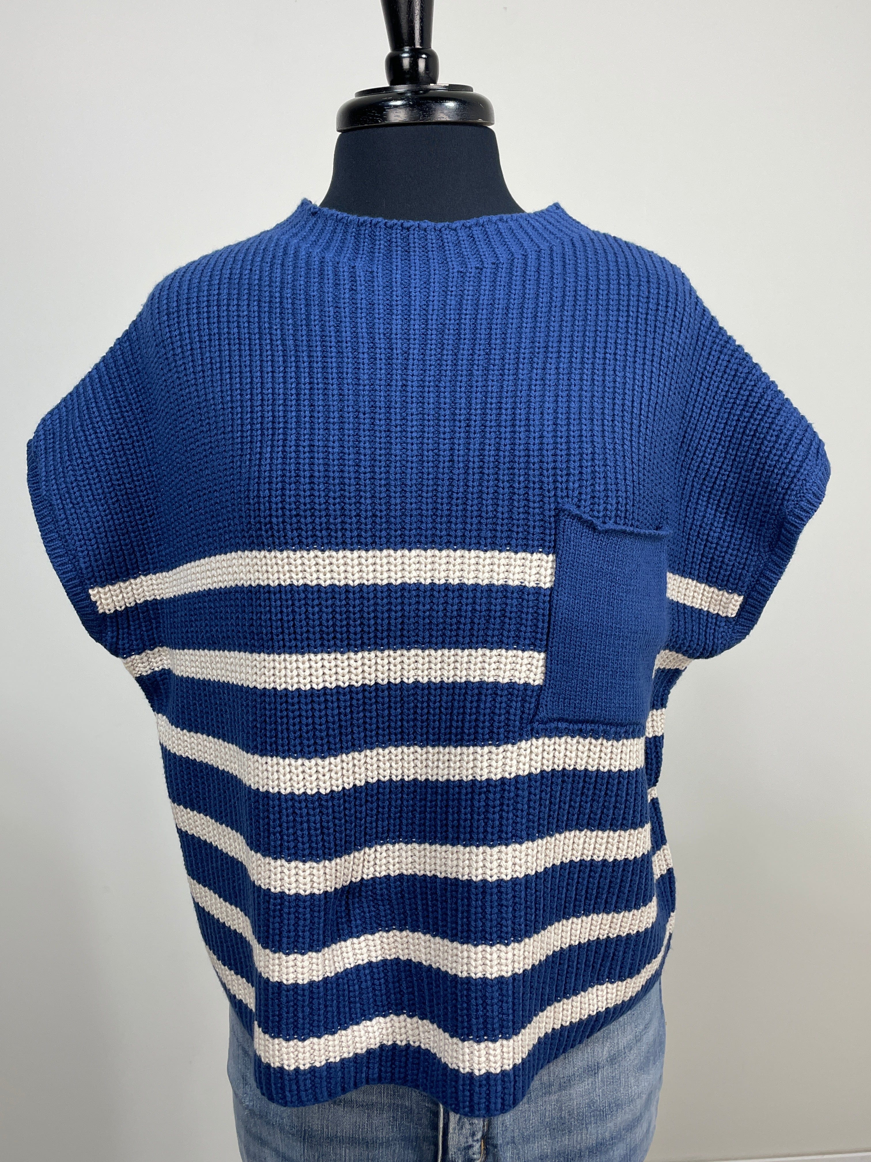 Navy Stripe Short Sleeve Sweater
