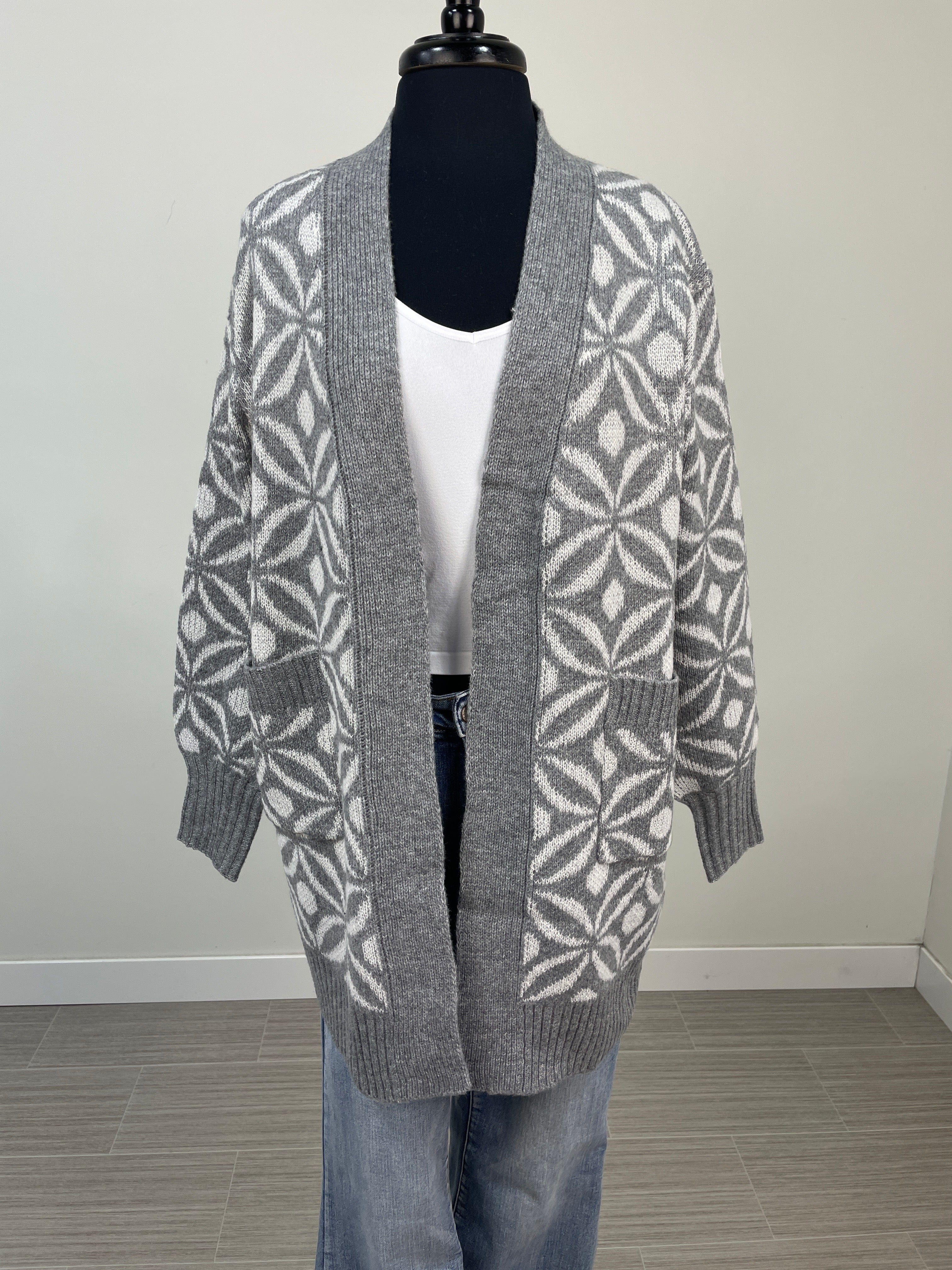 Grey & White Floral Tile Cardigan