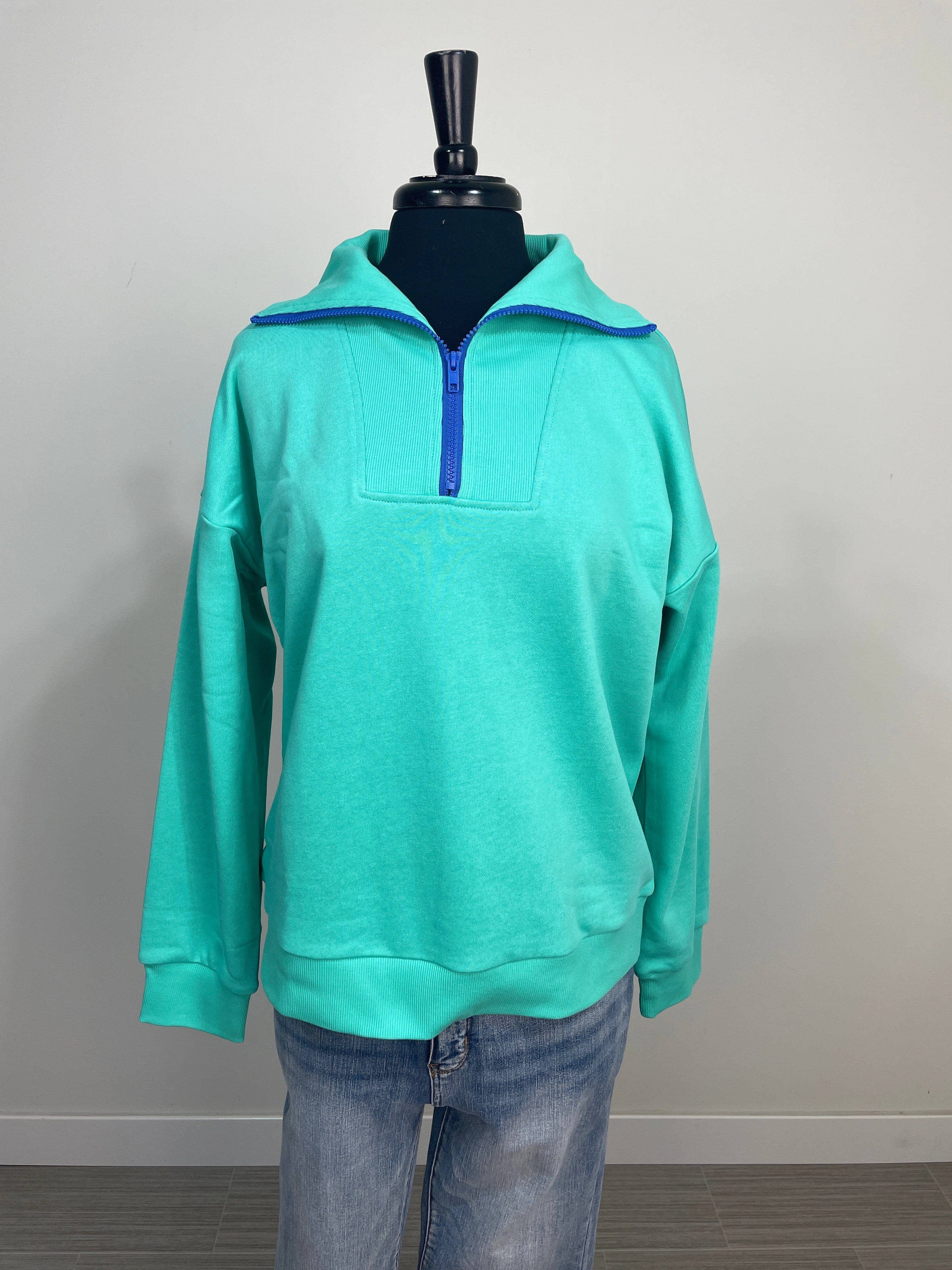 Jade Contrast Ribbed Collar Half Zip Pullover