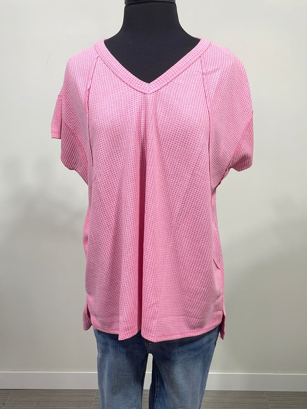 Pink VNeck Knit Waffle Top