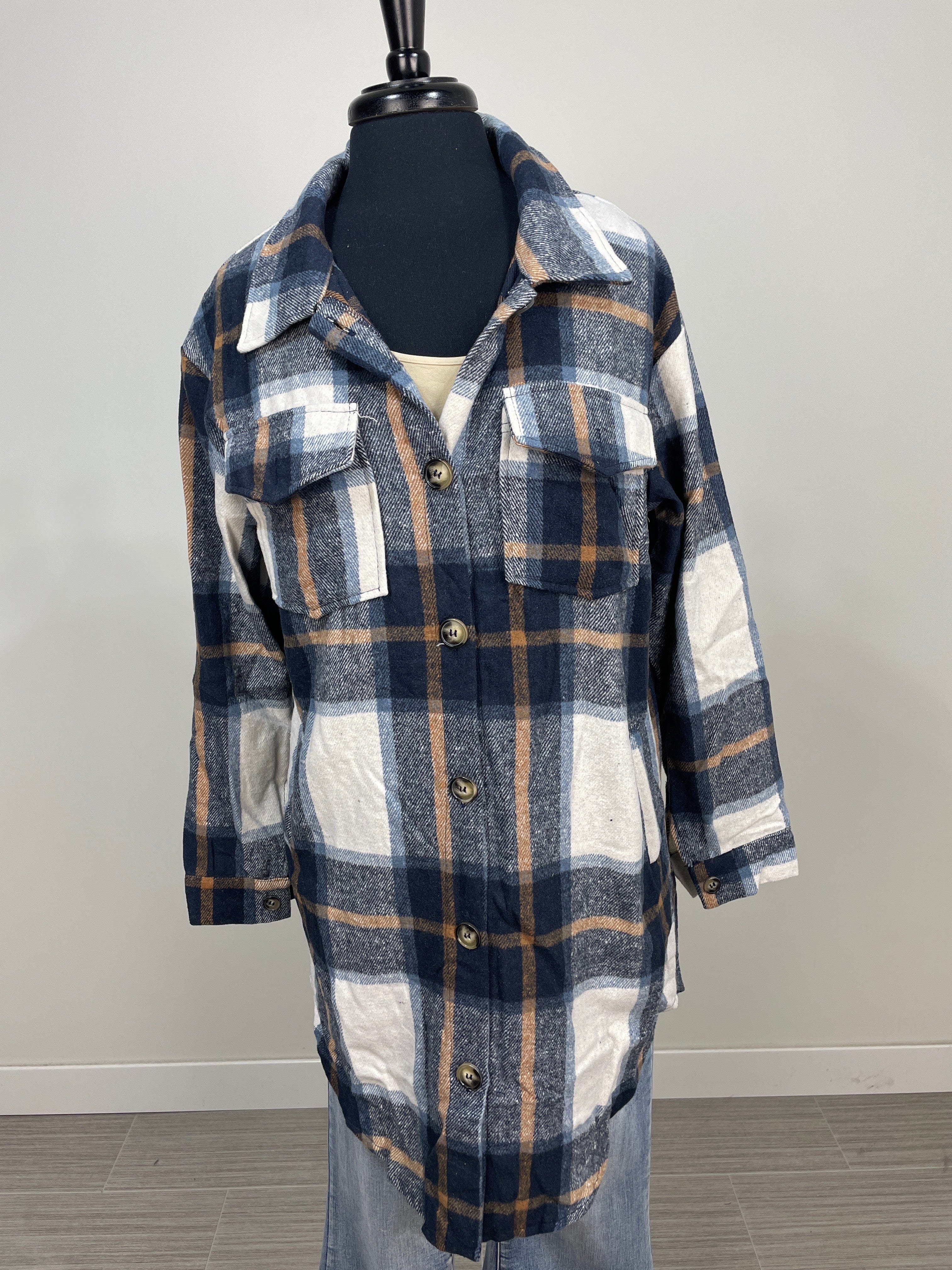 Navy & Tan Plaid Long Shacket