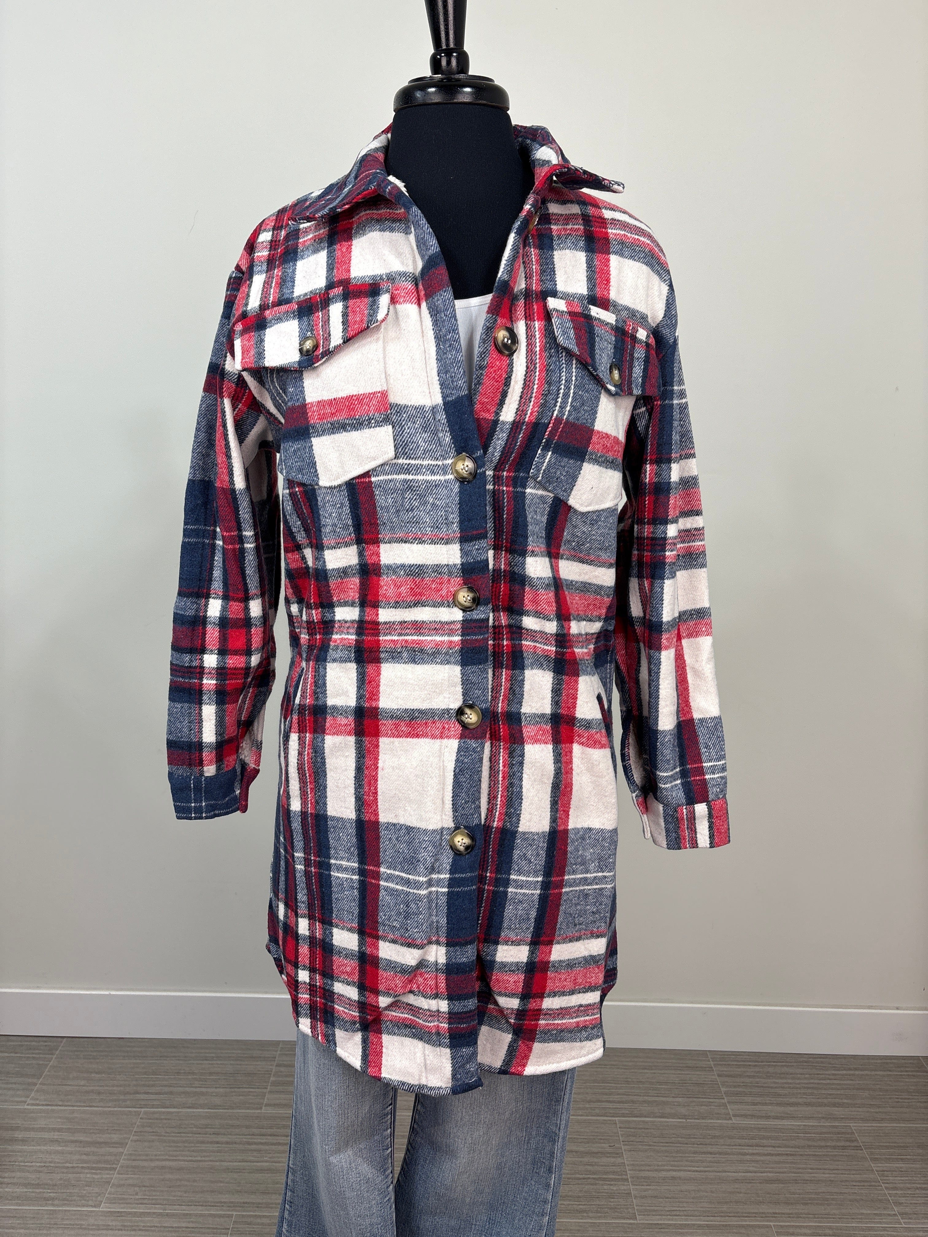 Navy & Red Plaid Sherpa Lined Shacket