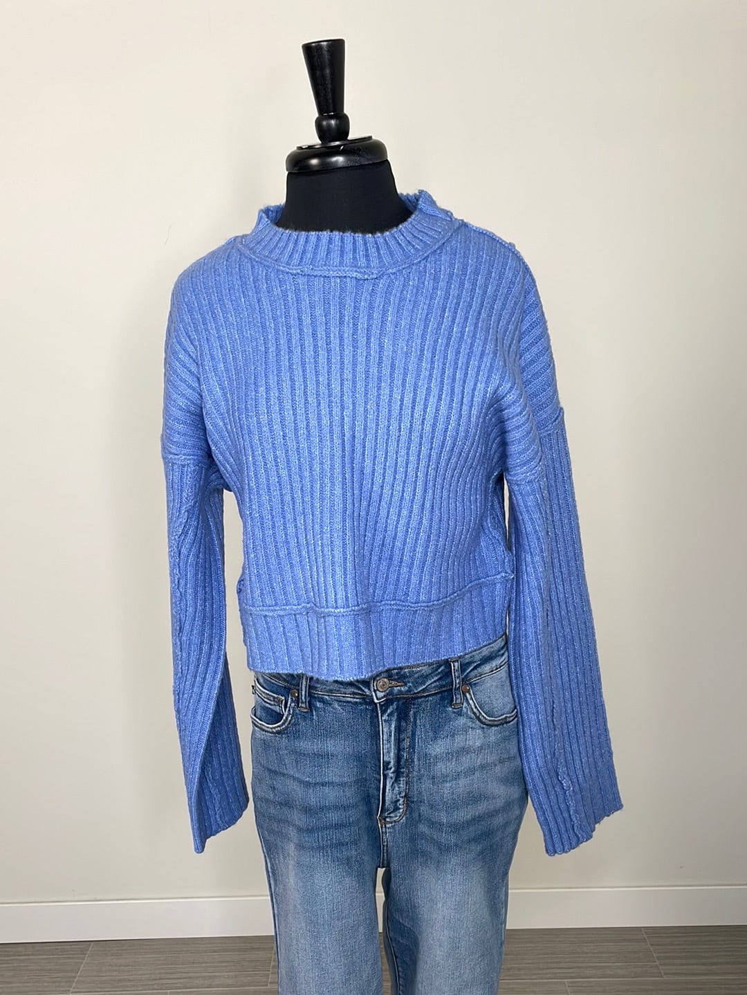 Blue Cropped Ribbed Sweater