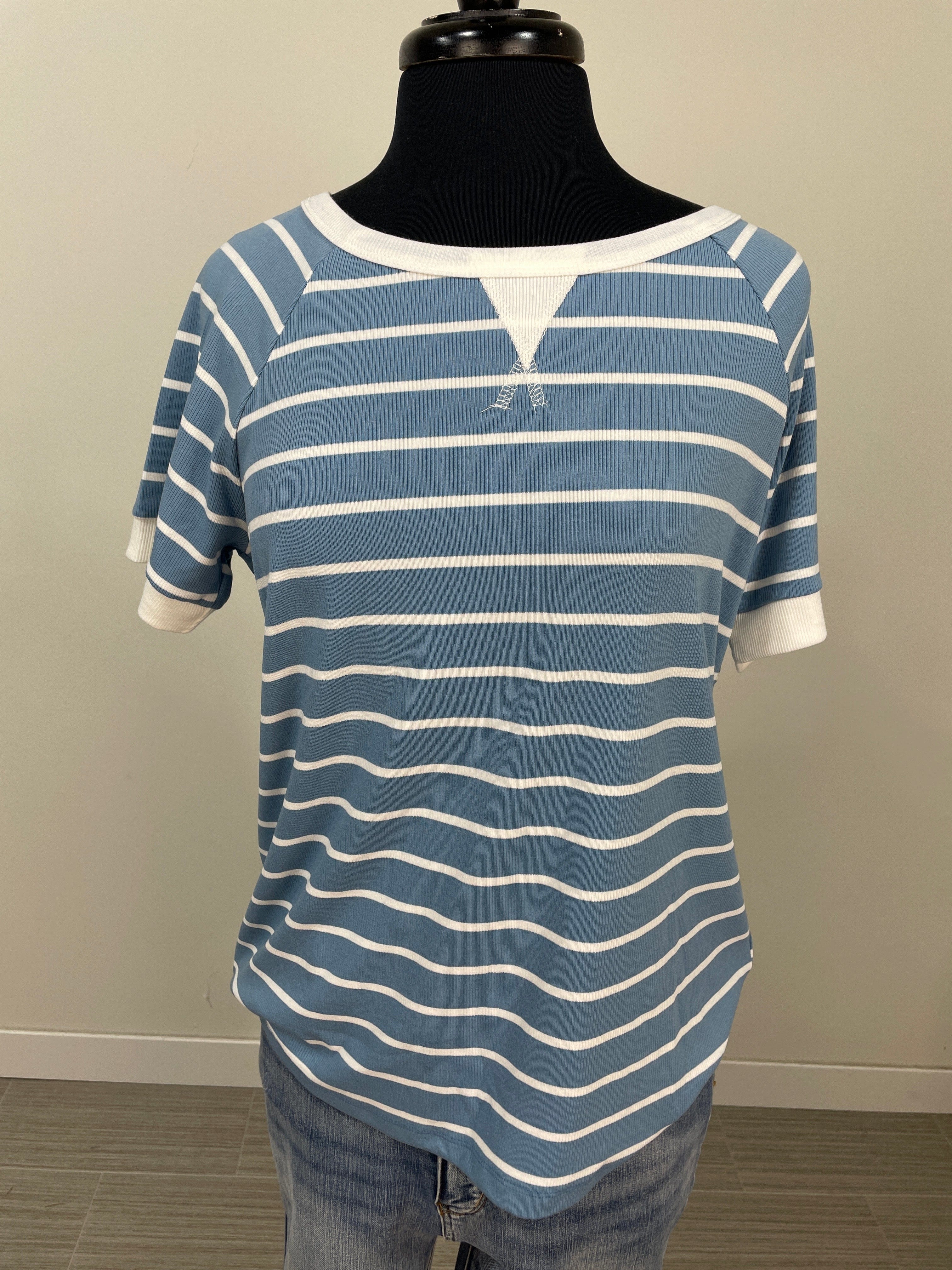 Light Blue Stripe Ribbed Crew Neck Top