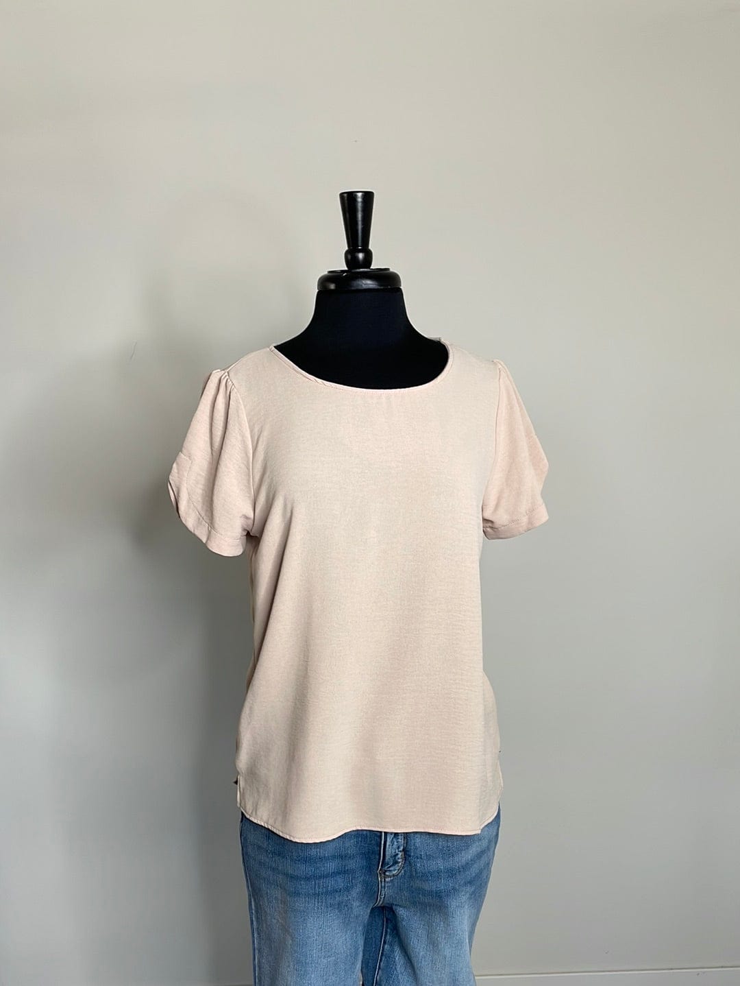 Beige Short Sleeve Solid Blouse