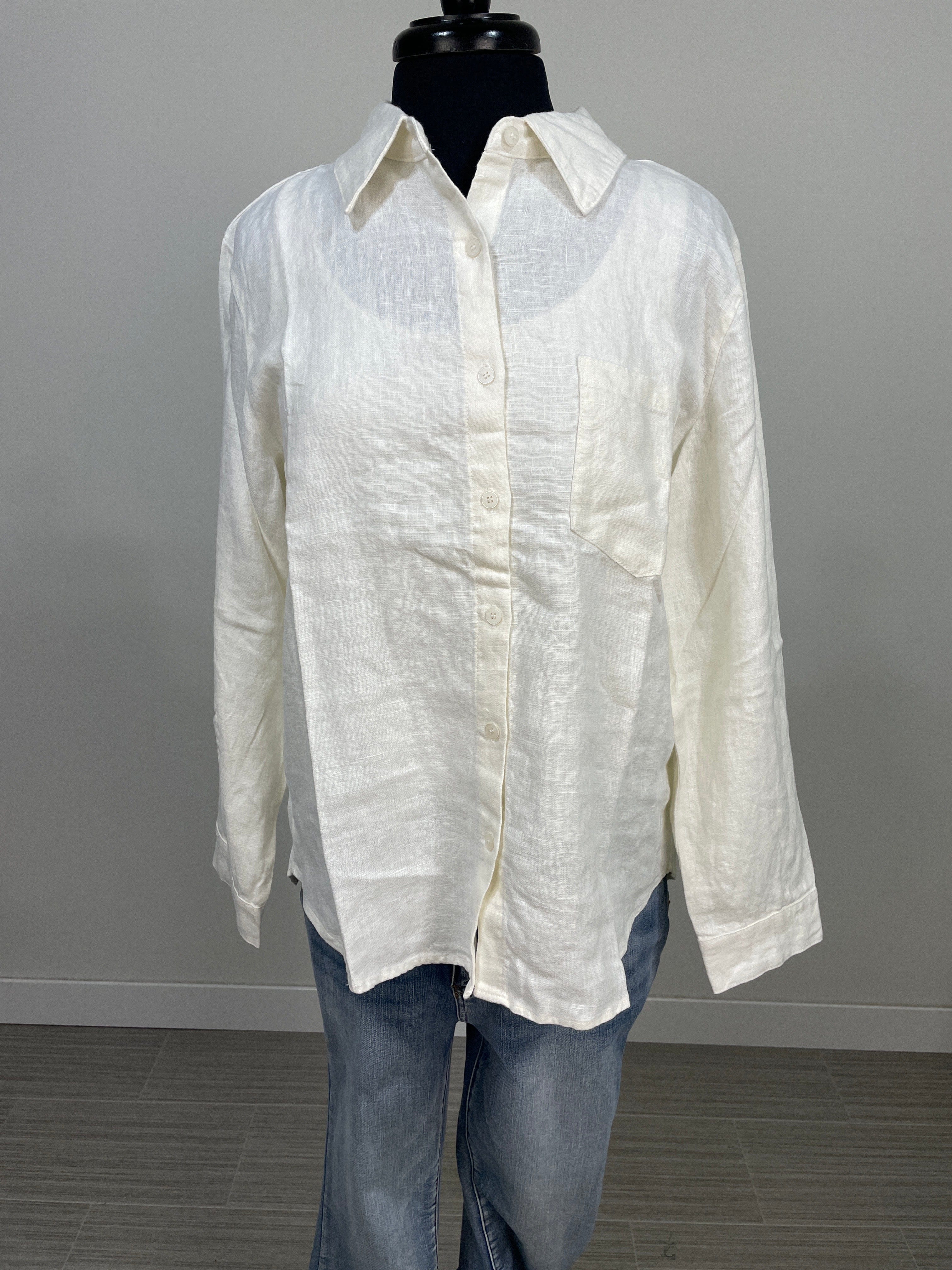 Off White Linen Blend Button Down Top