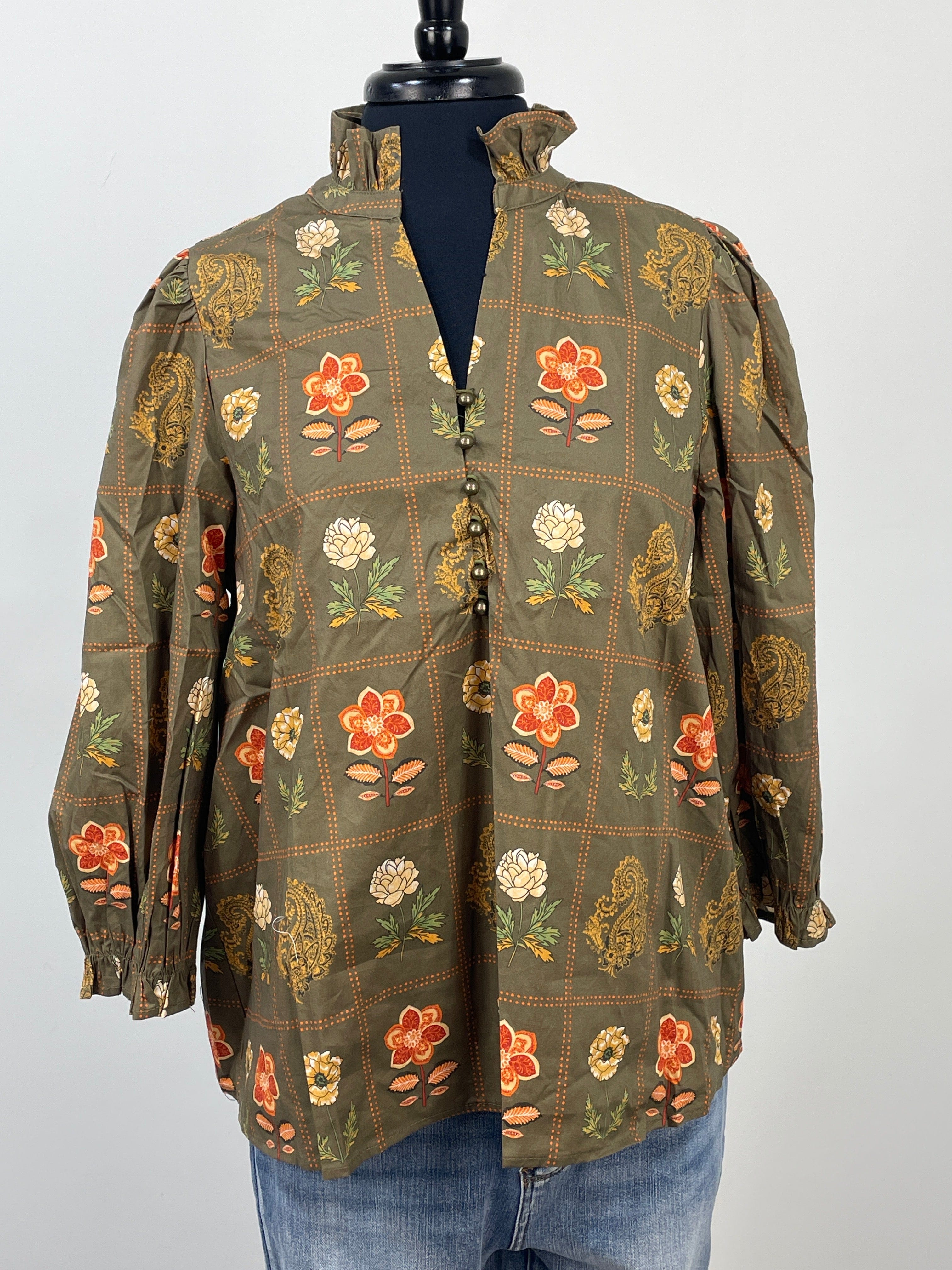 Olive & Orange Paisley Print Split Neck Blouse