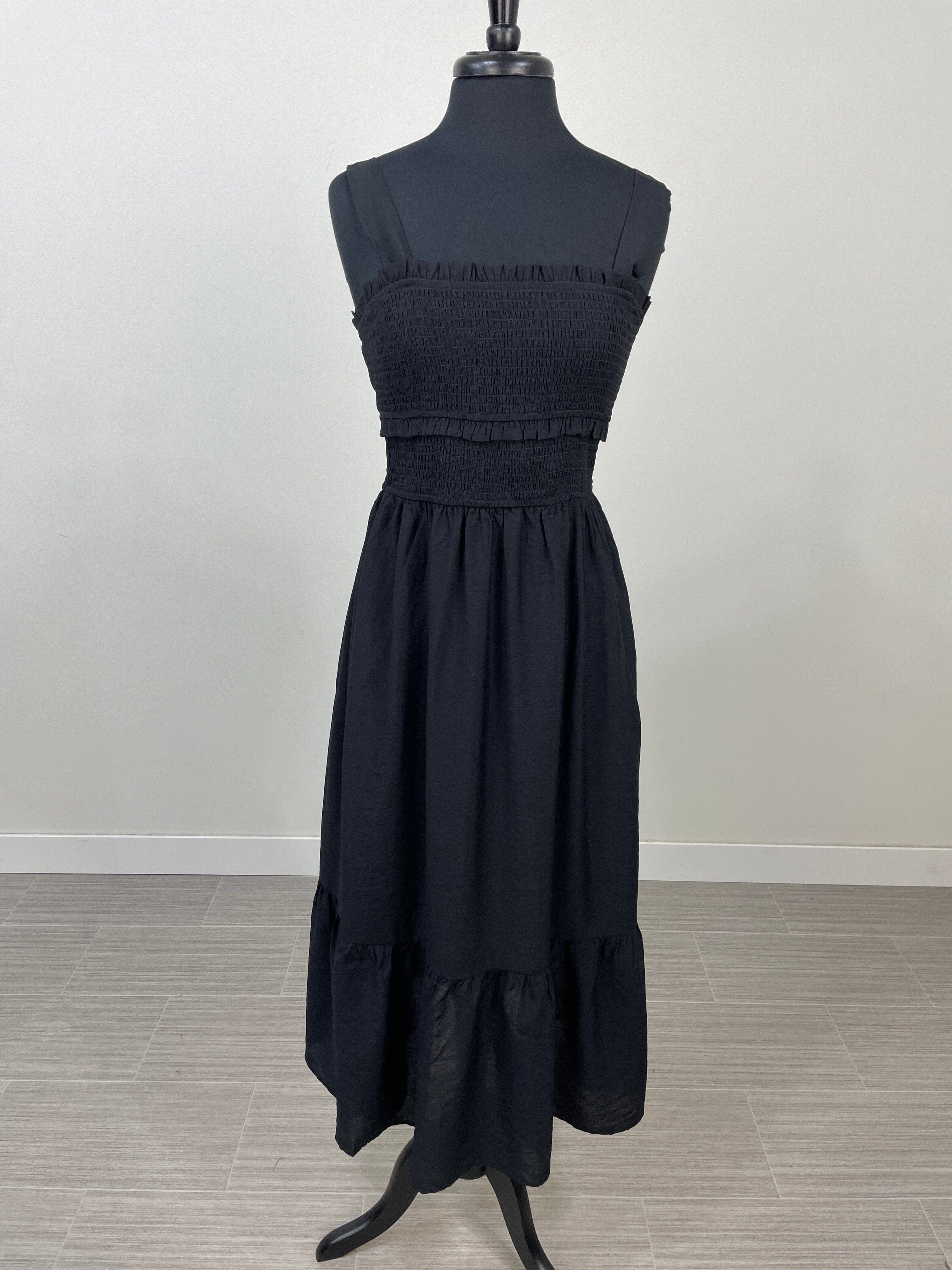 Black Smocked Ruffle Detail Midi Dress