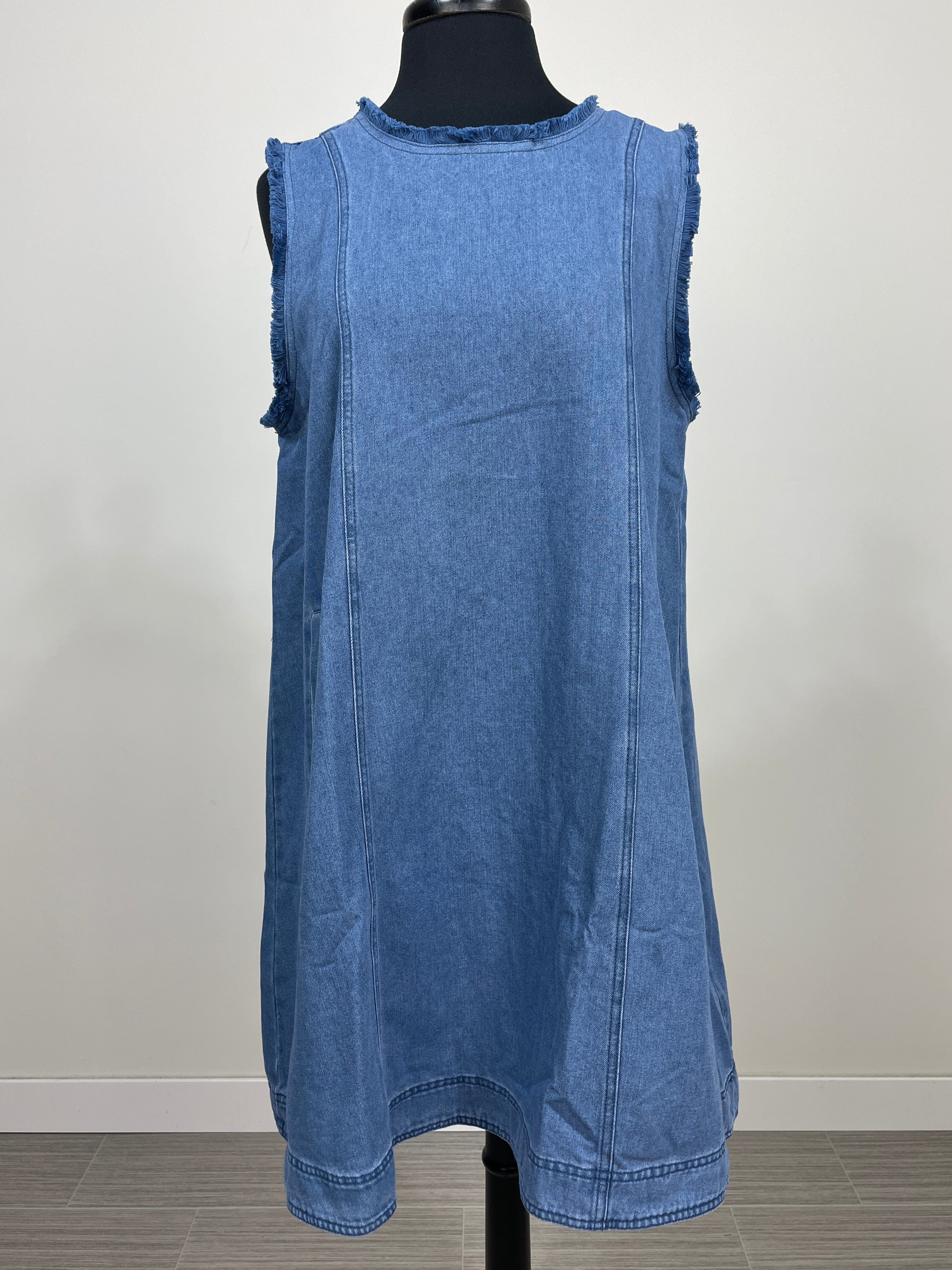 Denim Tie Back Frayed Detail Dress