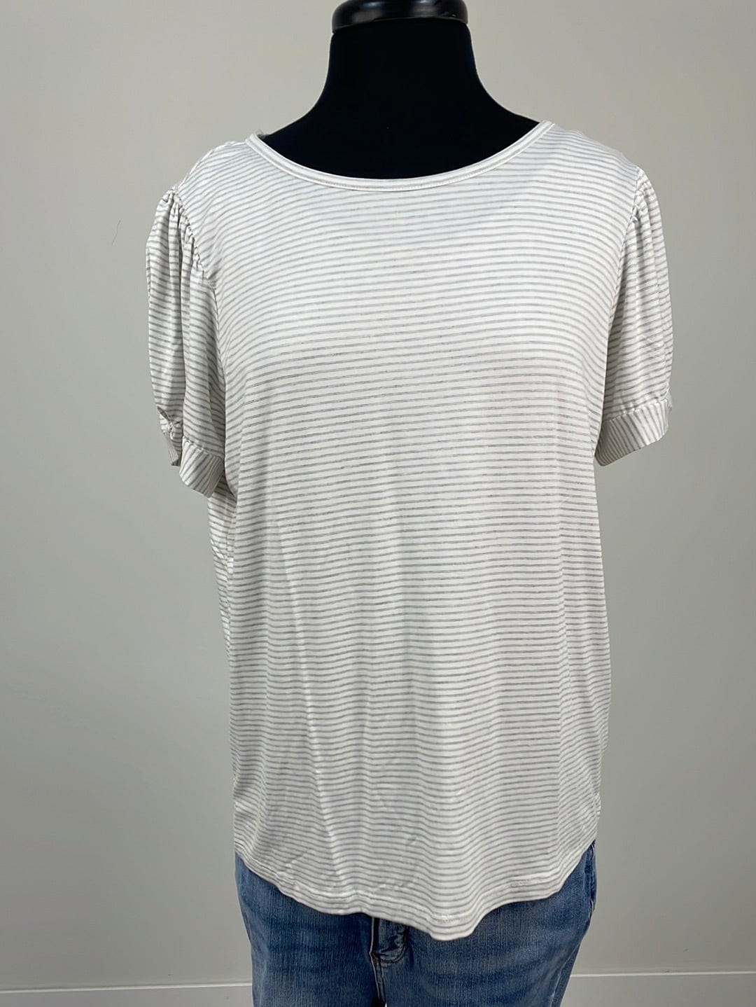 Grey & White Pinstripe Puff Sleeve Top
