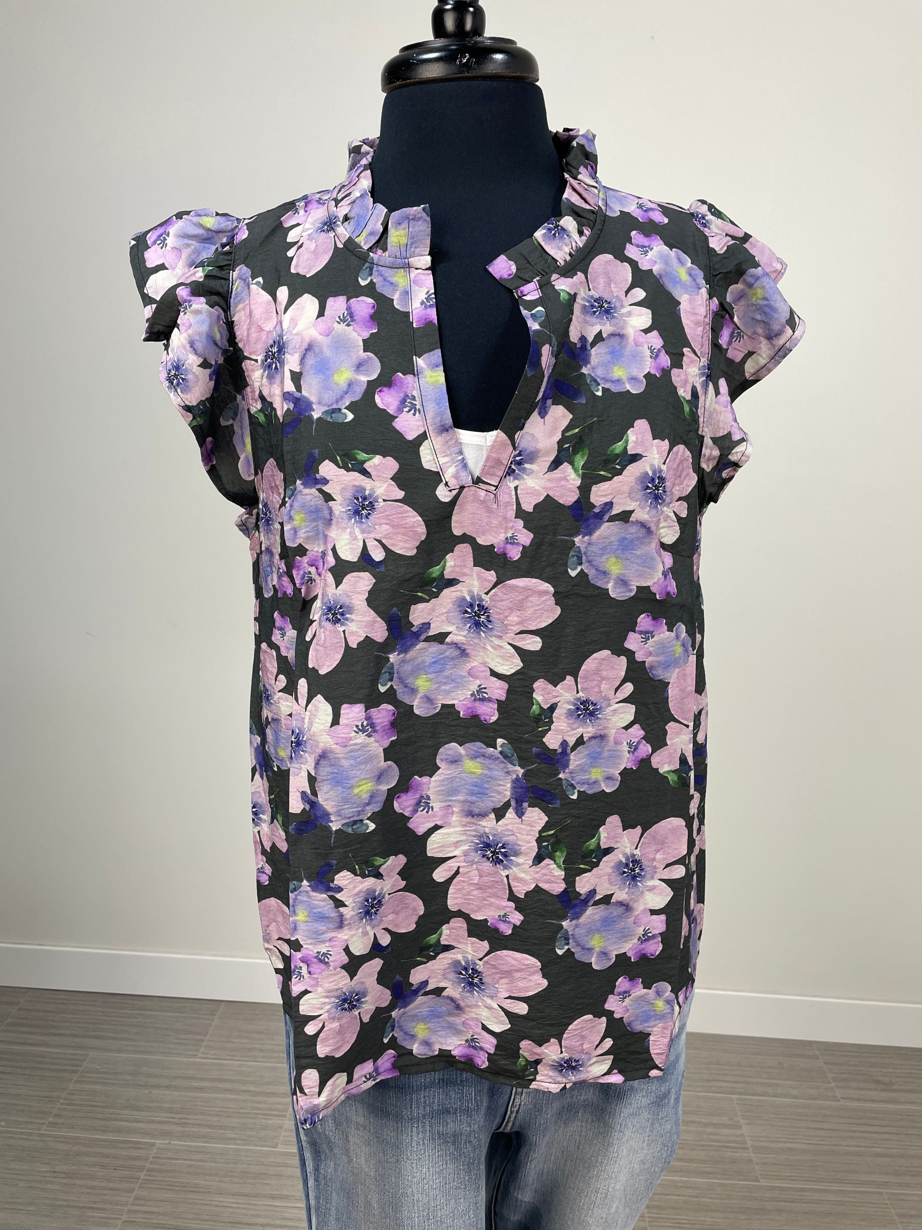 Charcoal & Lavender Floral Ruffle Sleeve Top