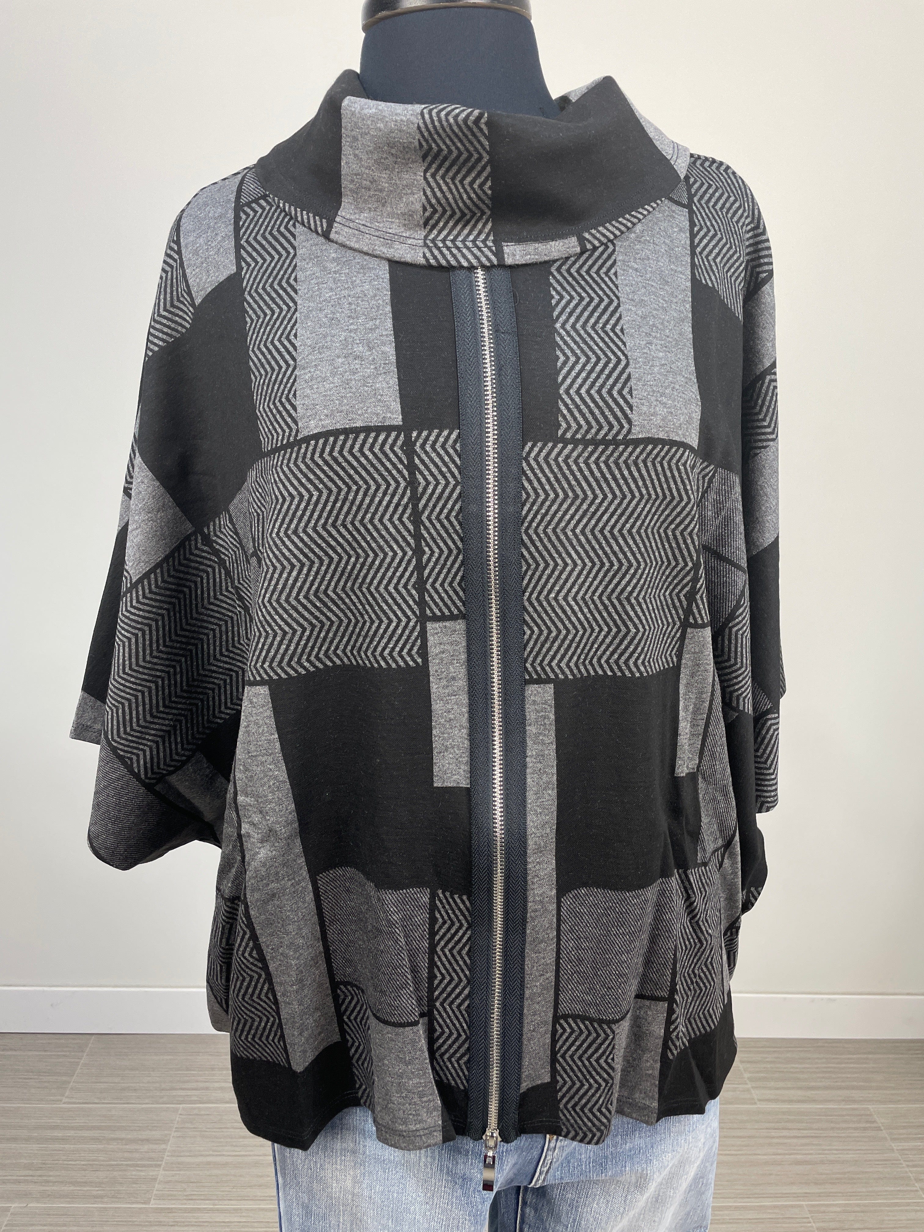 Black Plaid Funnel Neck Poncho