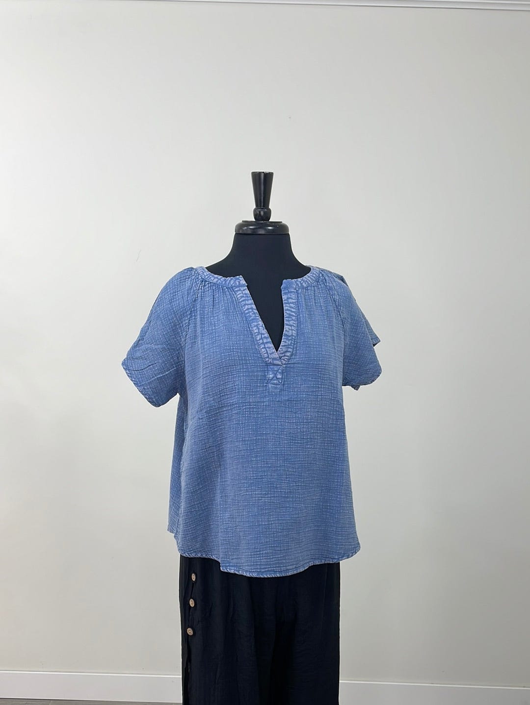 Blue Split Neck Flutter Sleeve Top