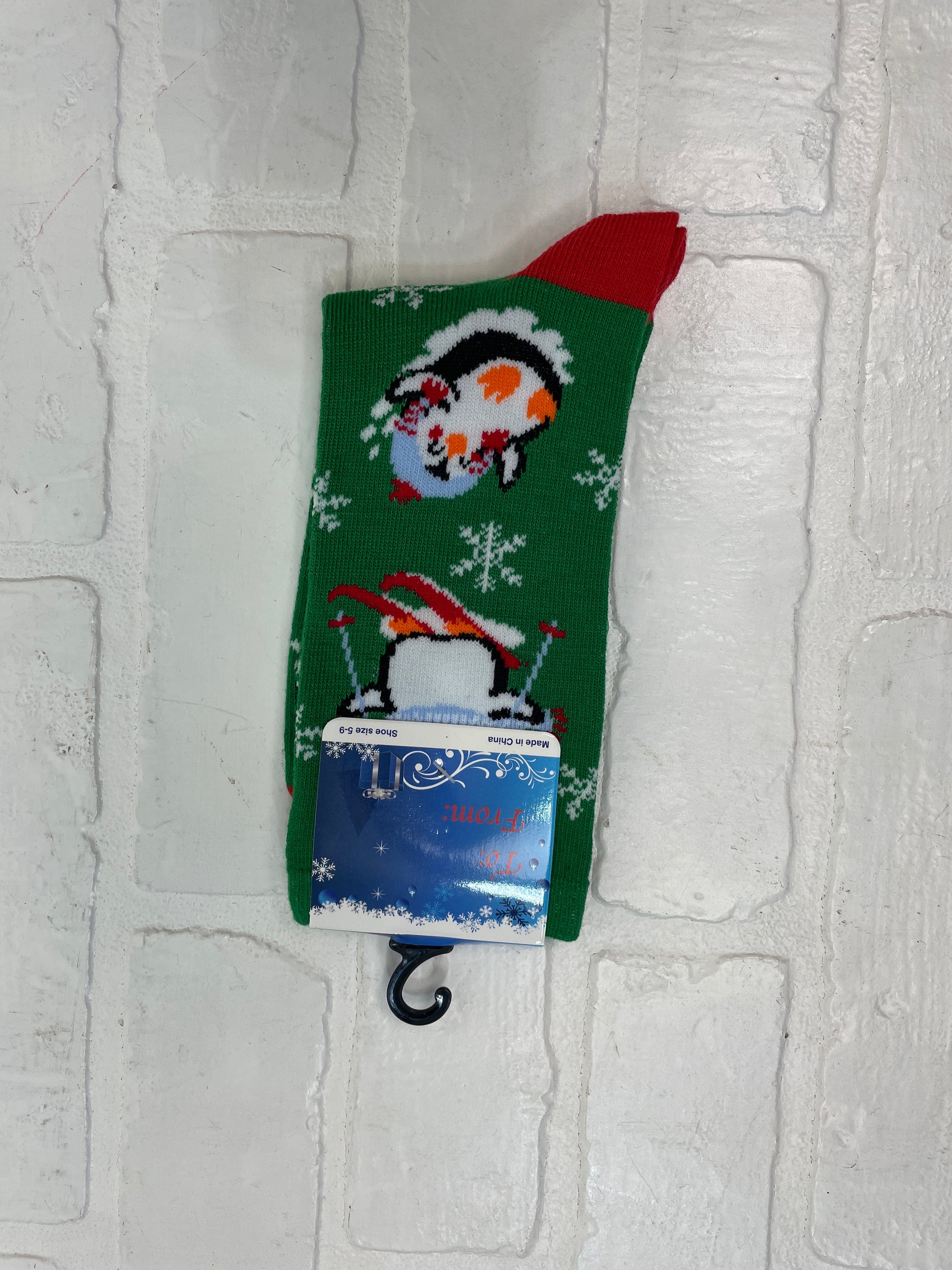 Penguin Skiing Green Socks