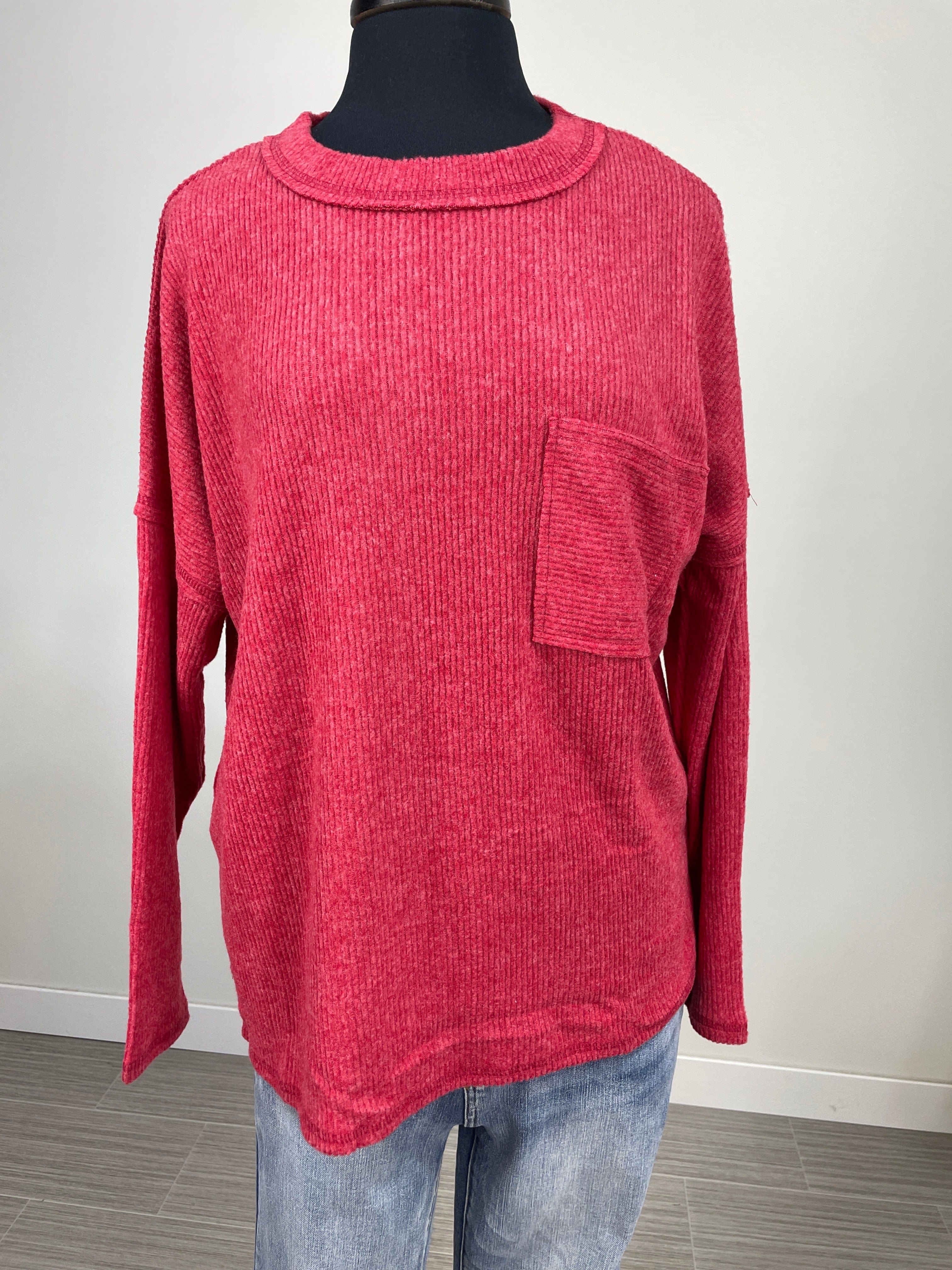 Dark Red Cozy Brushed Pocket Top