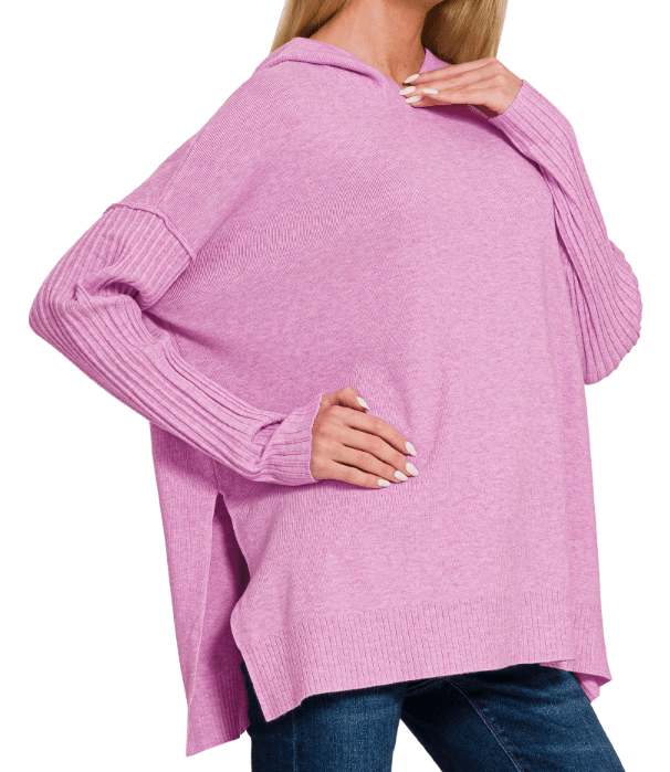Heather Mauve Hooded Ribbed Sleeve Sweater