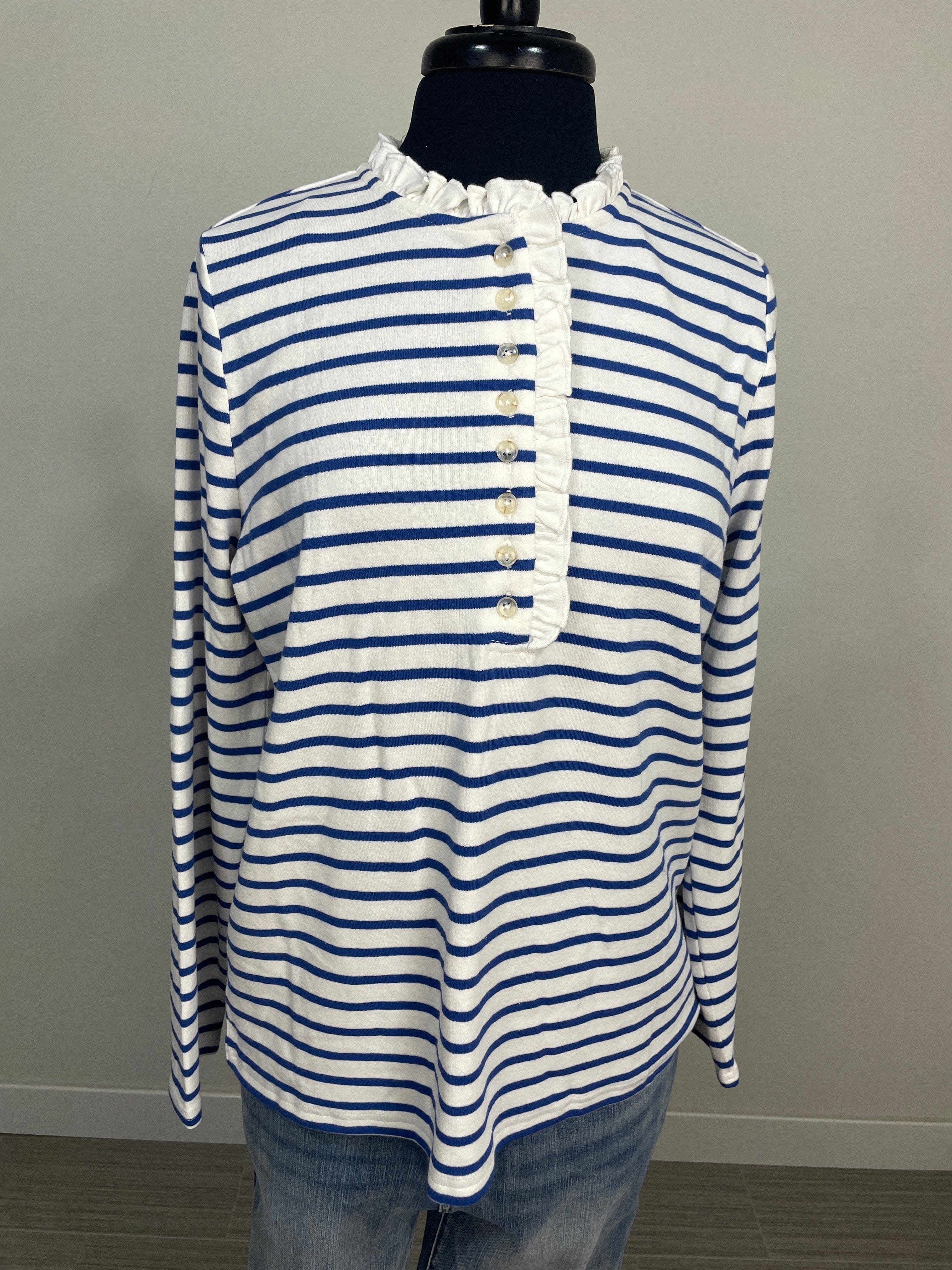 Blue Stripe Ruffle Neck Collar Button Detail Top