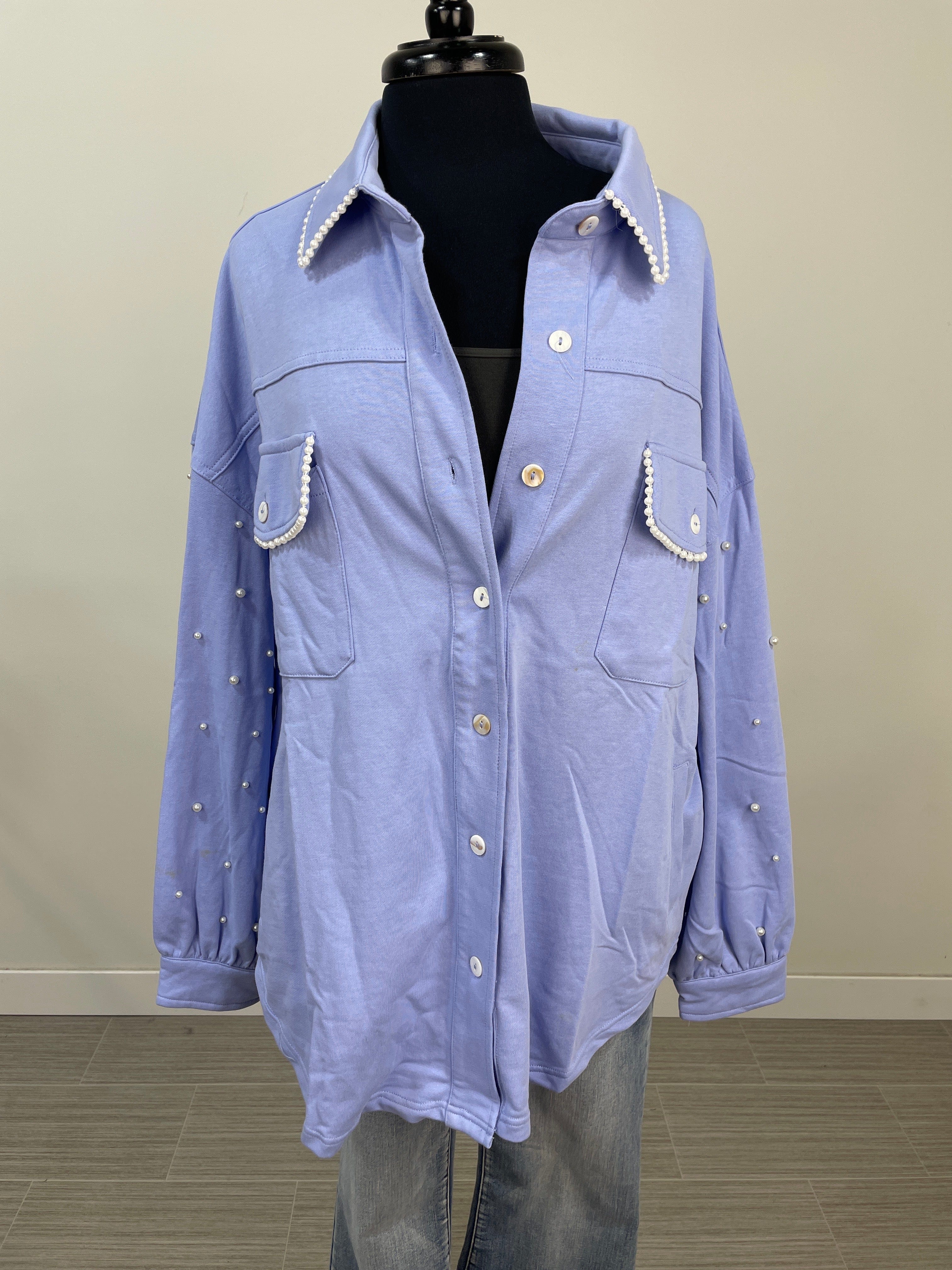 Ice Blue Pearl Trim Shacket