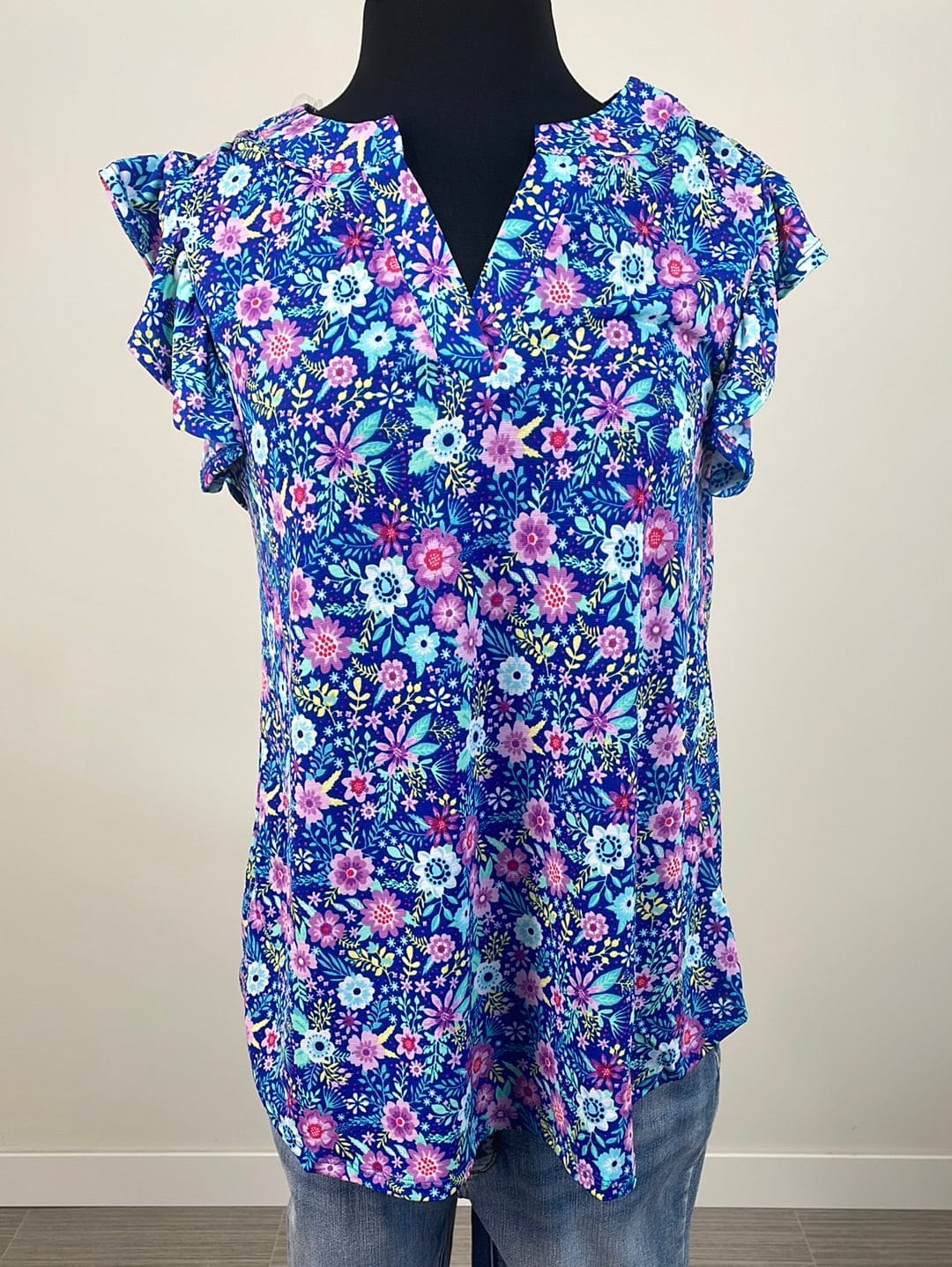 Purple Pansy Floral Cap Ruffle Sleeve Top