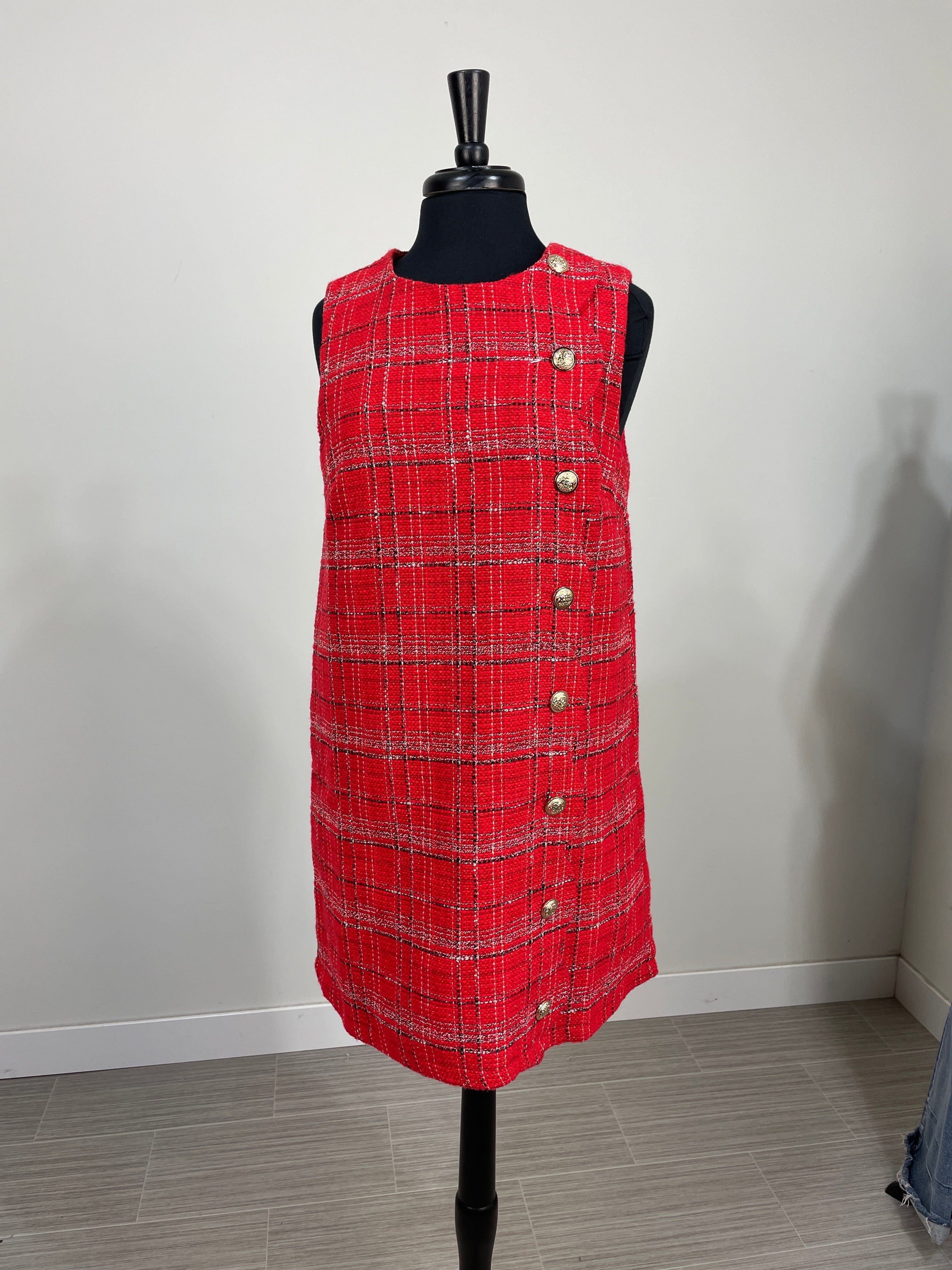 Red Tweed Dress with Button Details