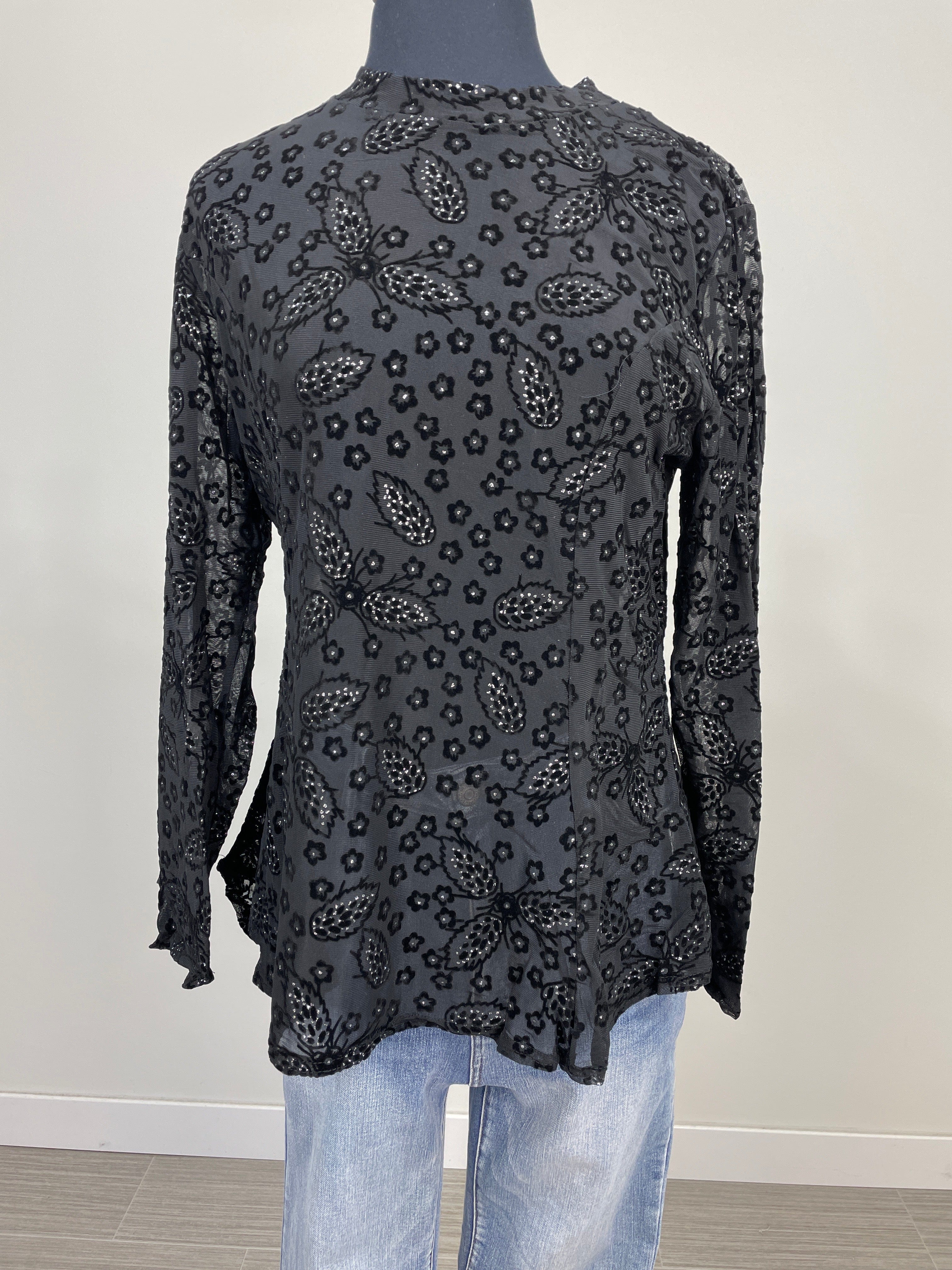 Black Floral Rhinestone Peplum Blouse