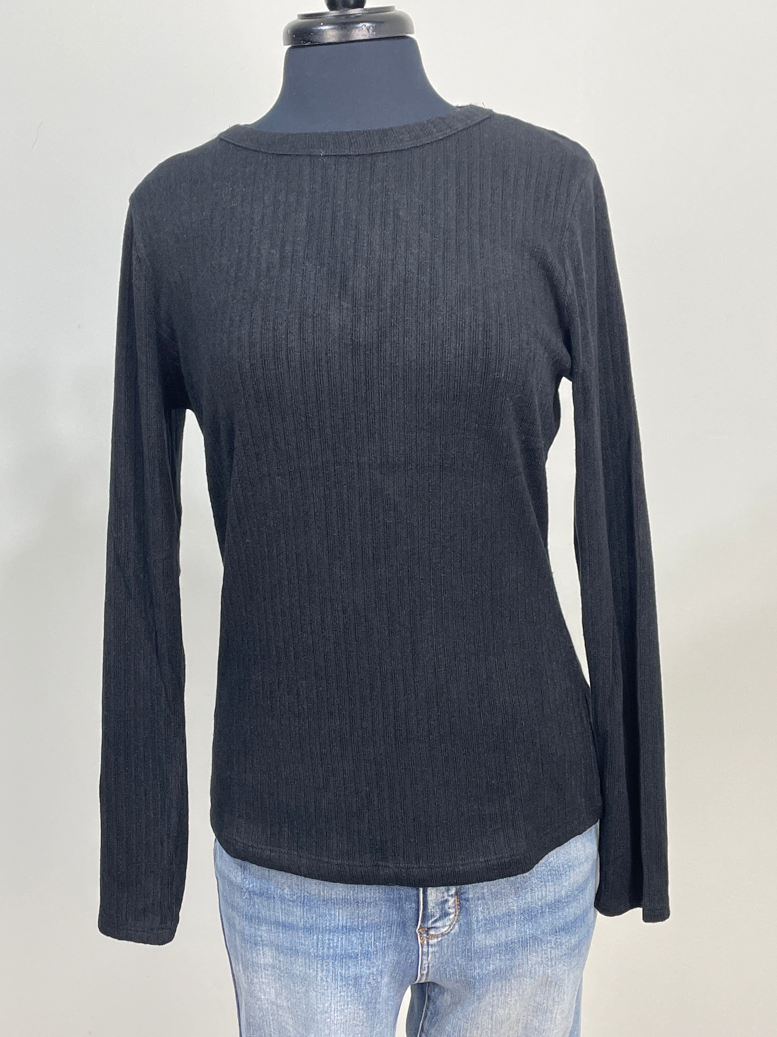 Black Ribbed Hacci Long Sleeve Top