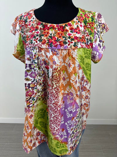 Purple & Green Embroidered Patchwork Top