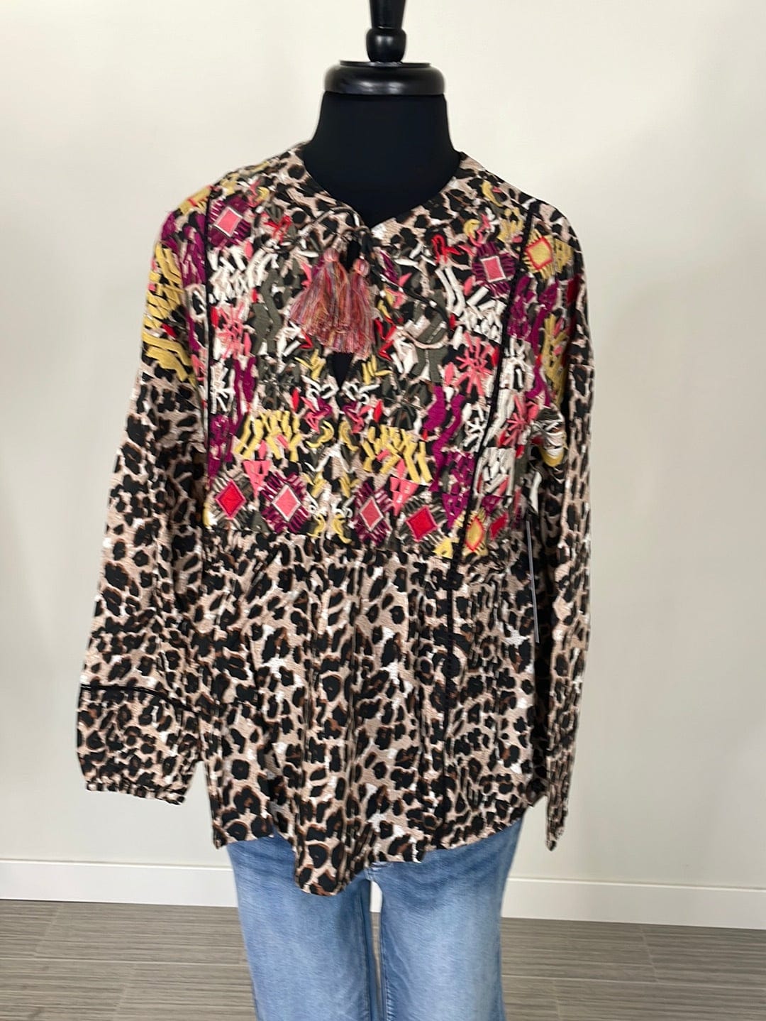 Taupe Grey Animal Print Embroidered Dolman