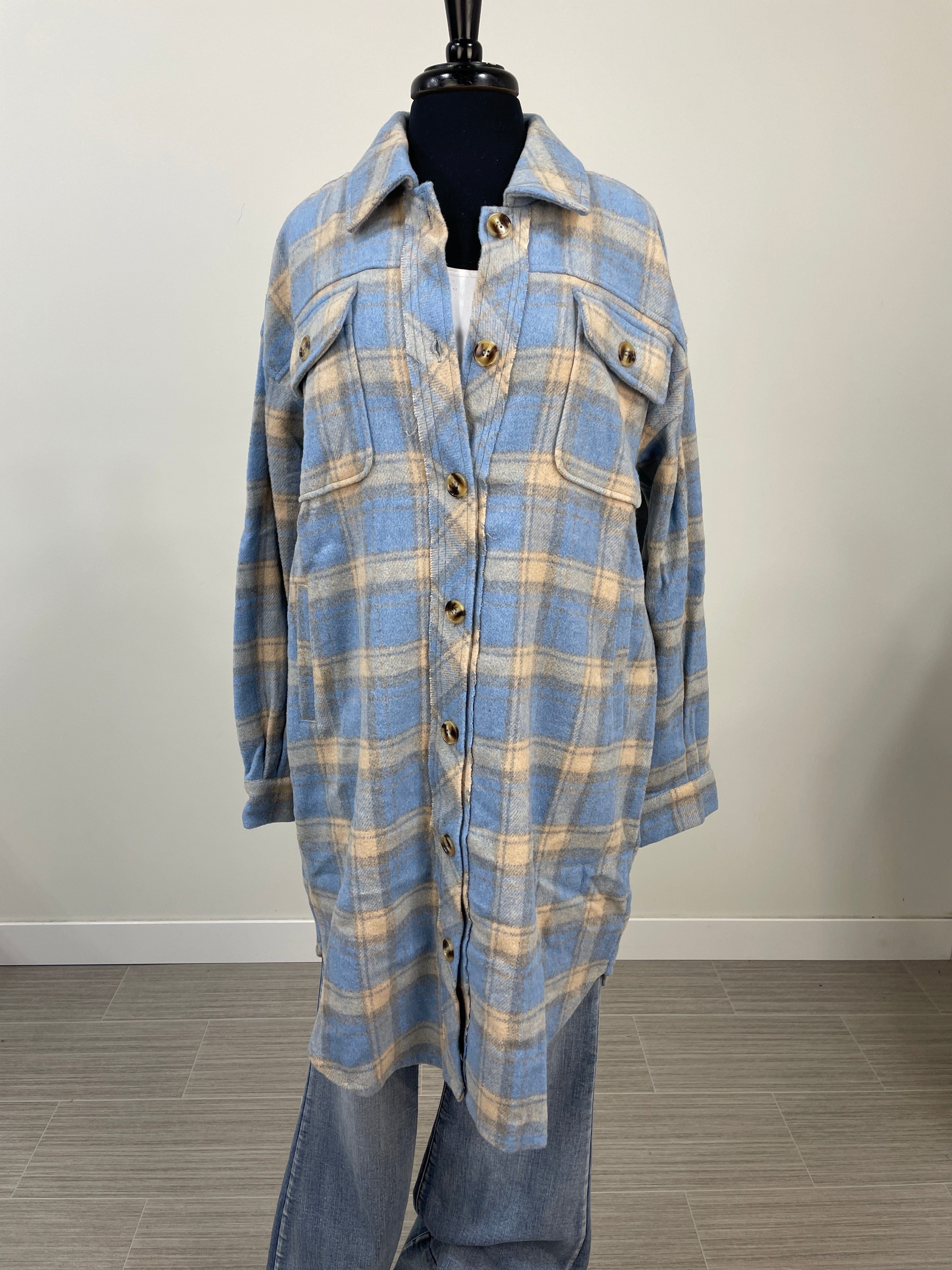 Soft Blue Plaid Long Jacket
