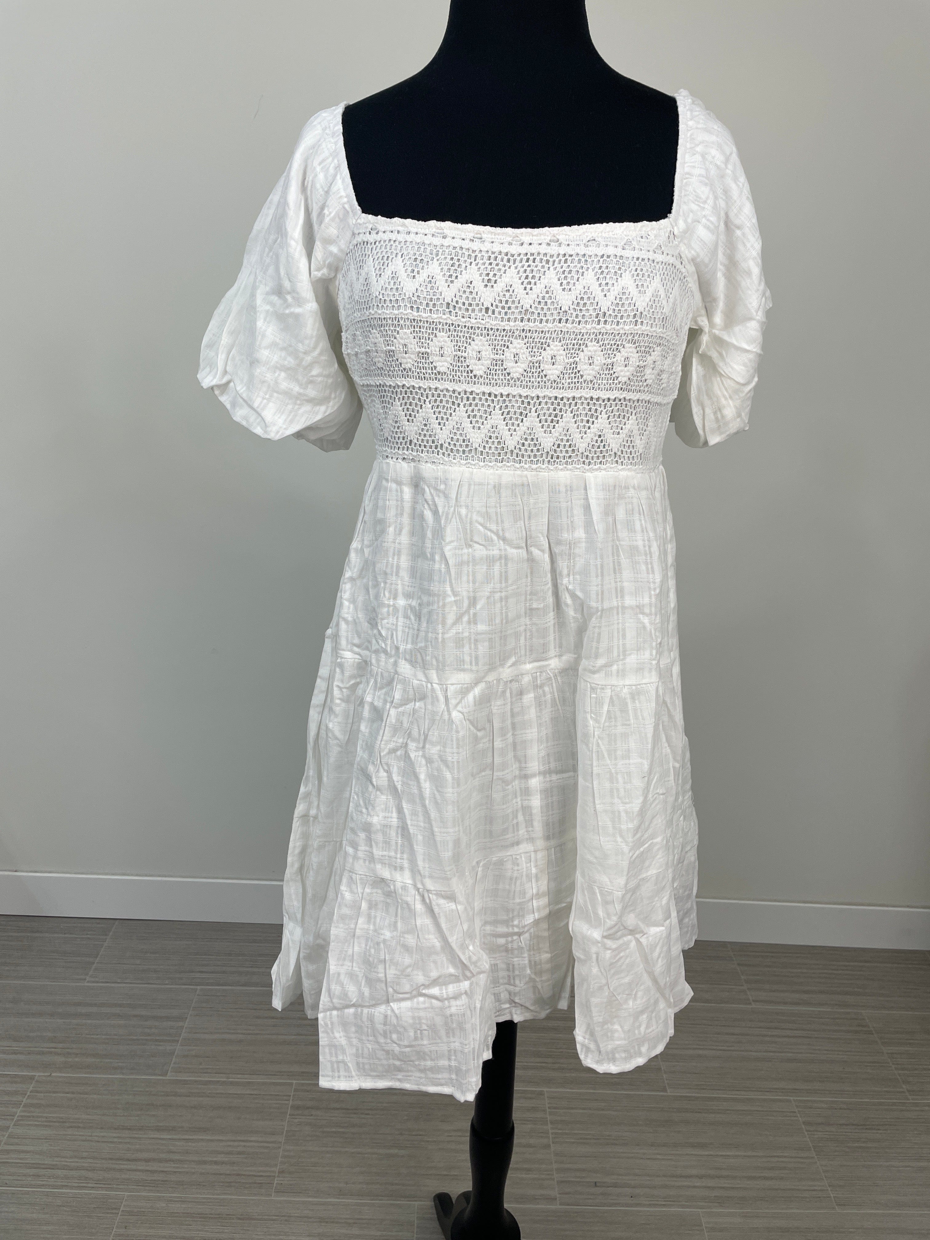 White Crochet Bubble Sleeve Tiered Dress