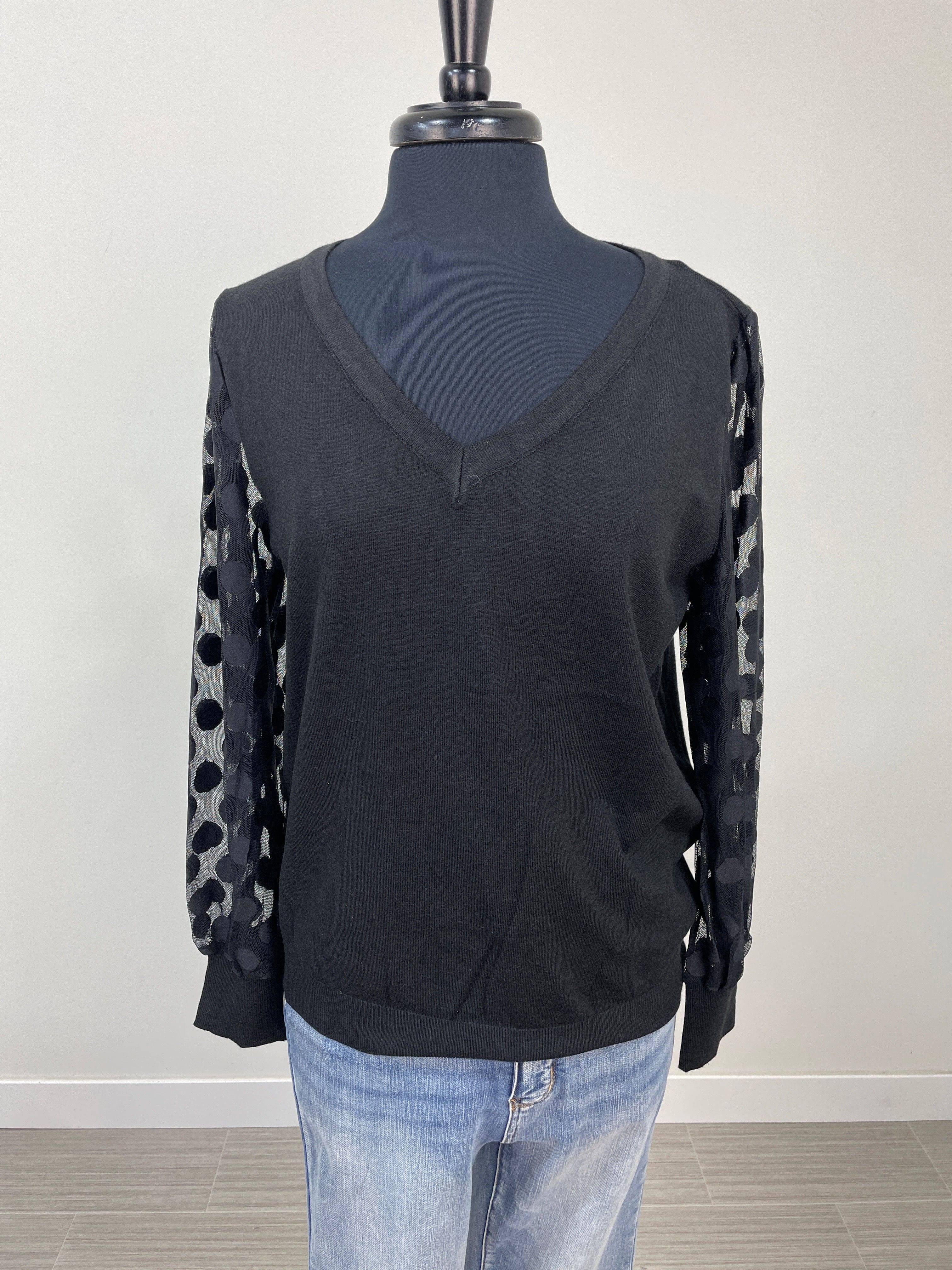 Black Sweater Blouse with Sheer Polka Dot Sleeves