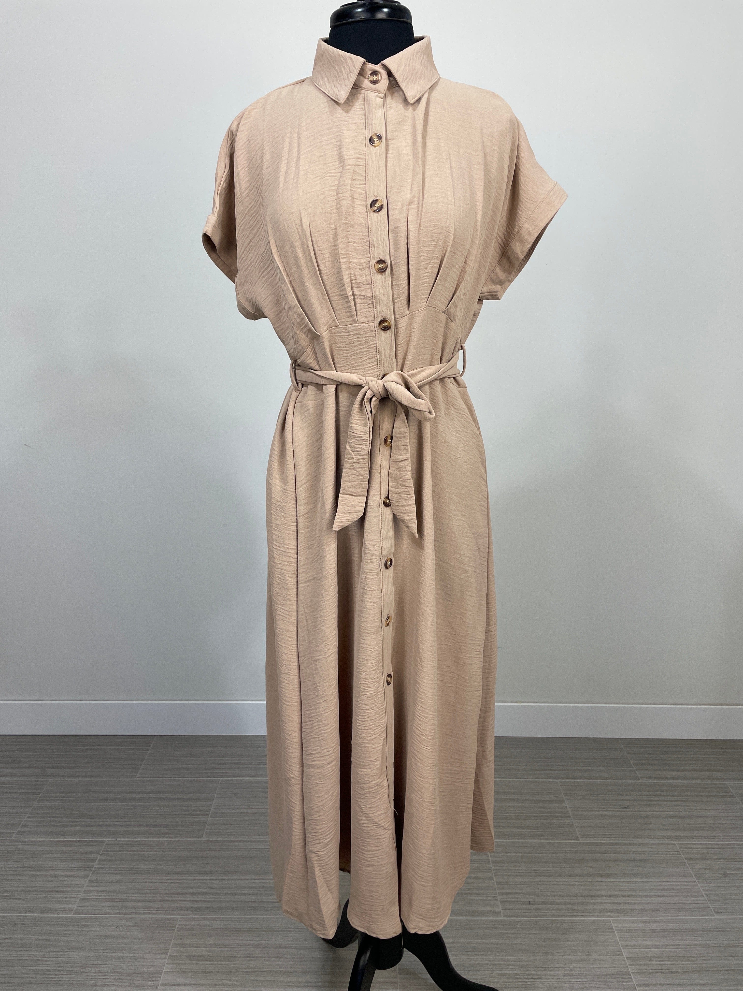 Khaki Long Button Dress w/Belt