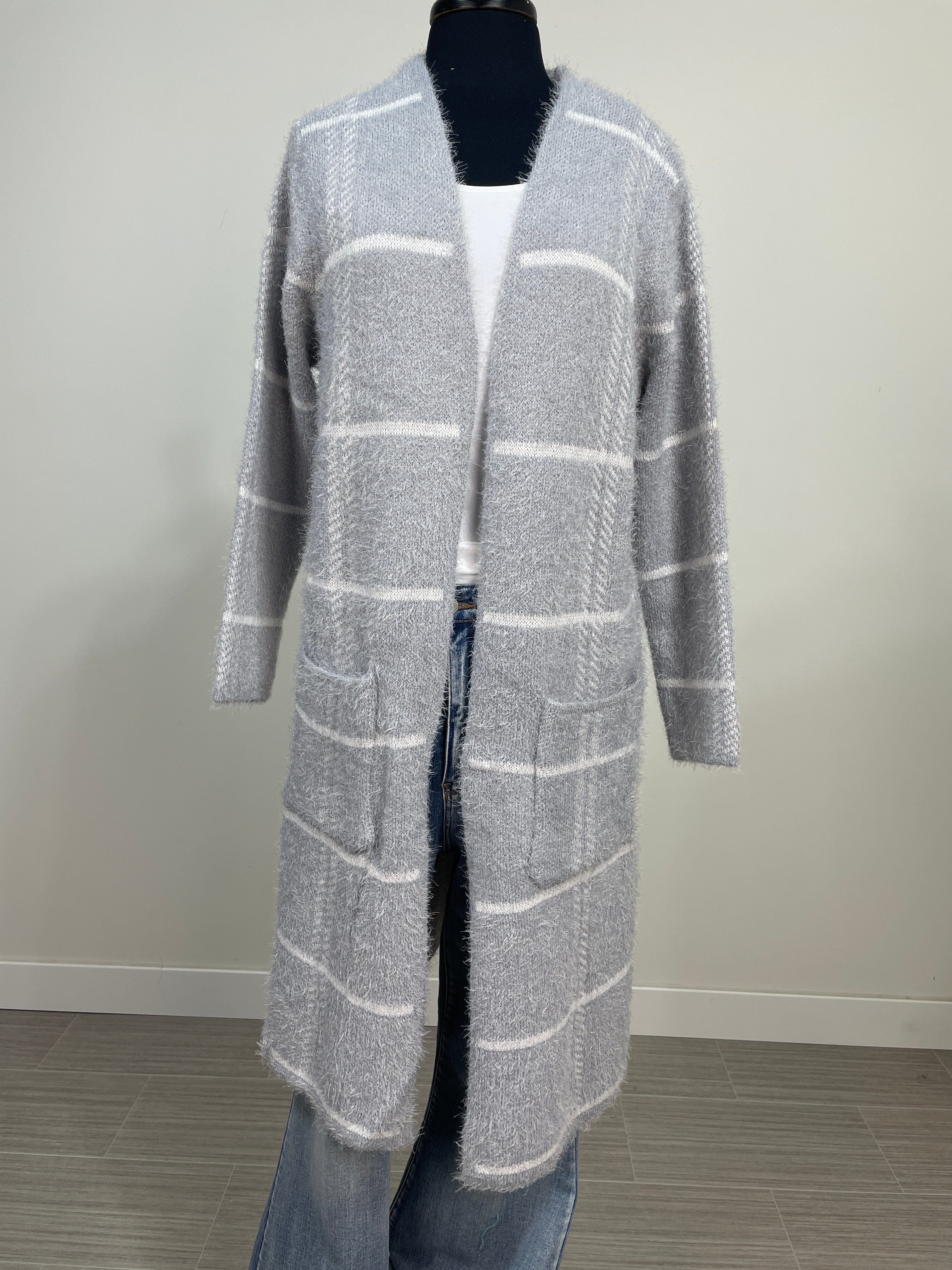 Grey Open Front Long Cardigan