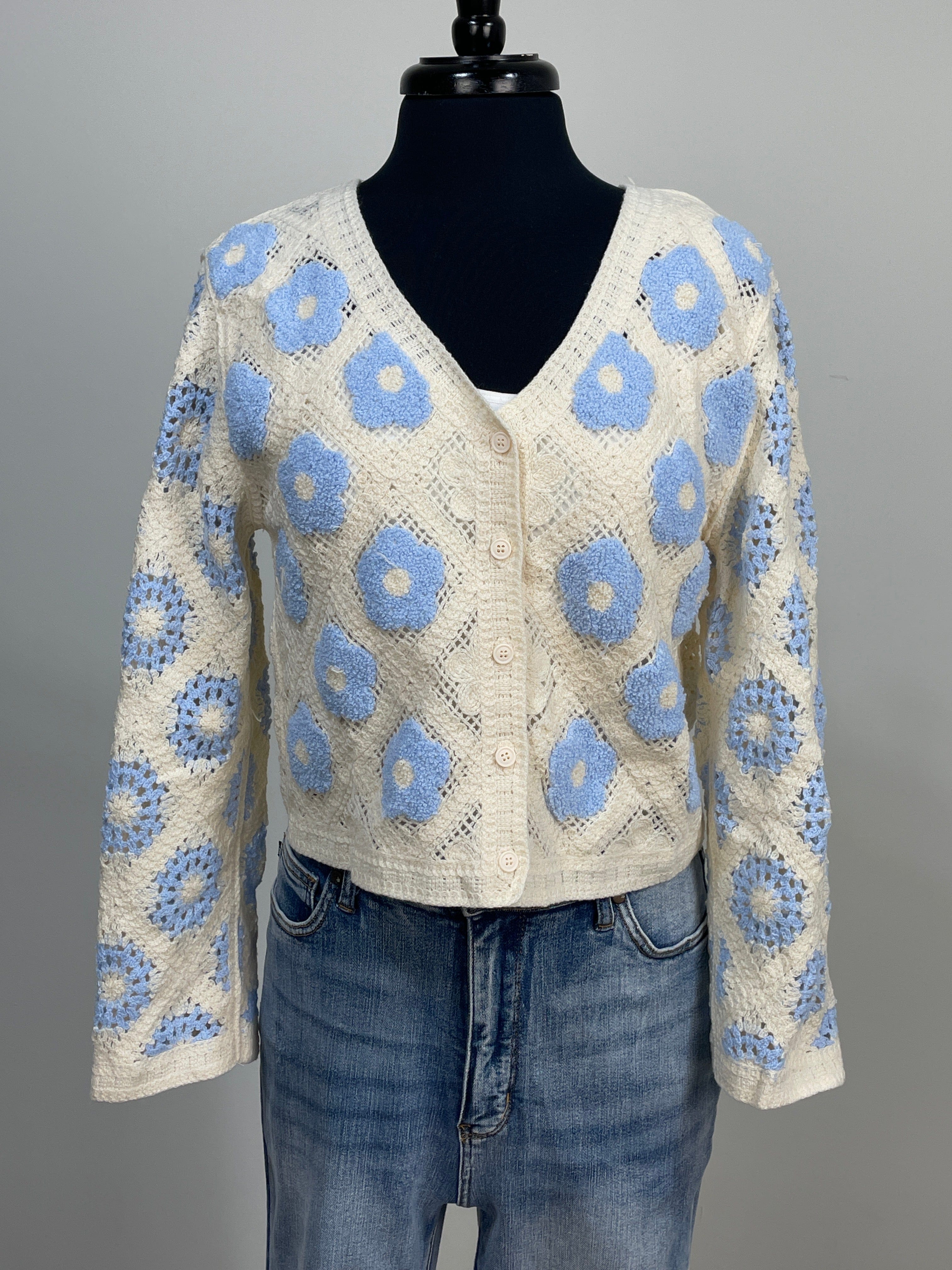 Light Blue Flower Crochet Cropped Cardigan