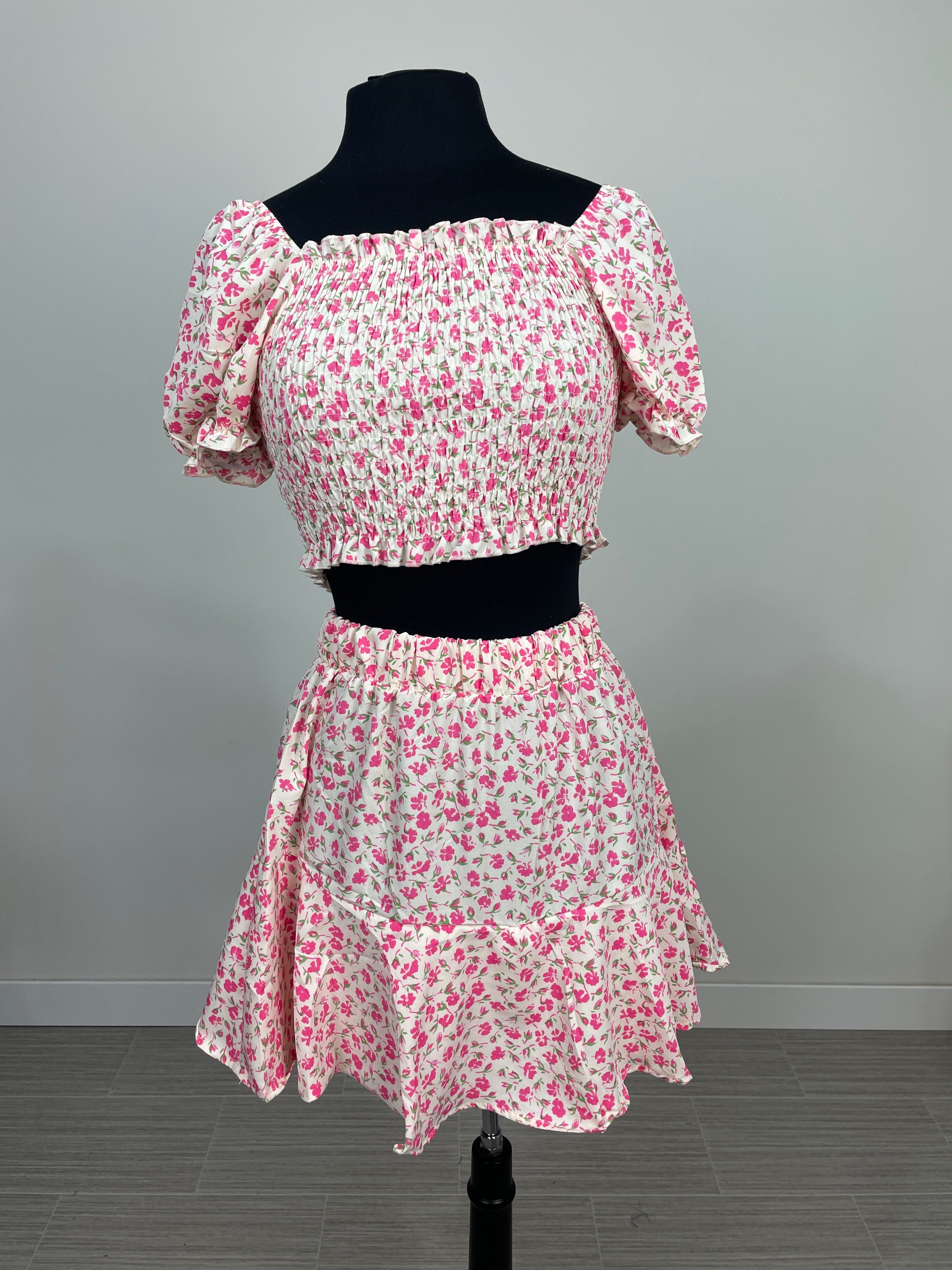 Cream & Pink Floral 2pc Skirt & Crop Top Set