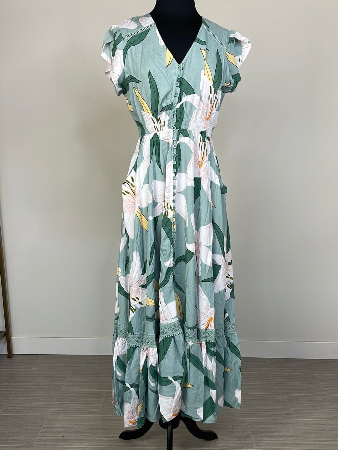 Lily Green Floral Maxi w/Lace Dress