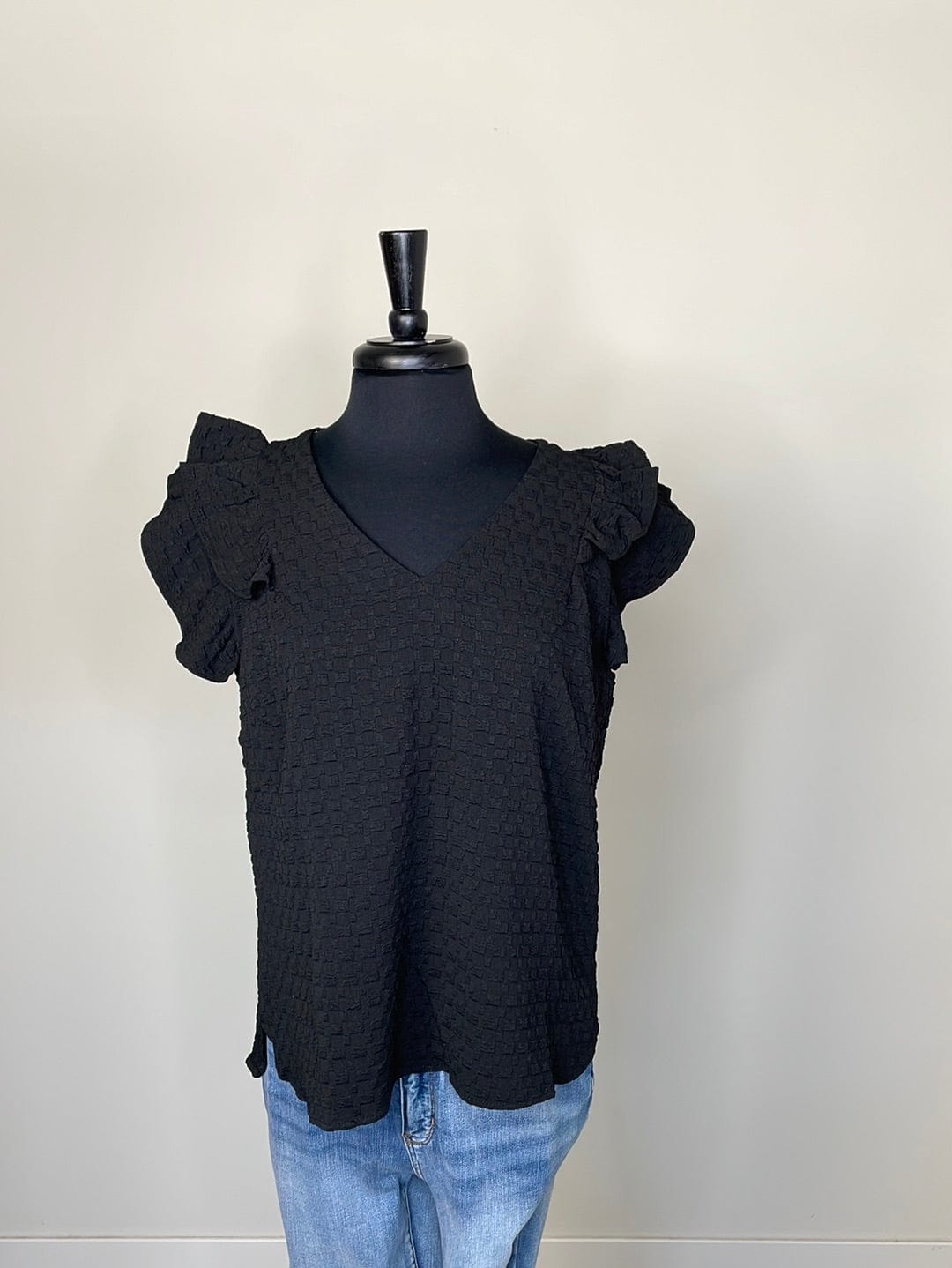 Black Jacquard Top w/Ruffle Sleeves