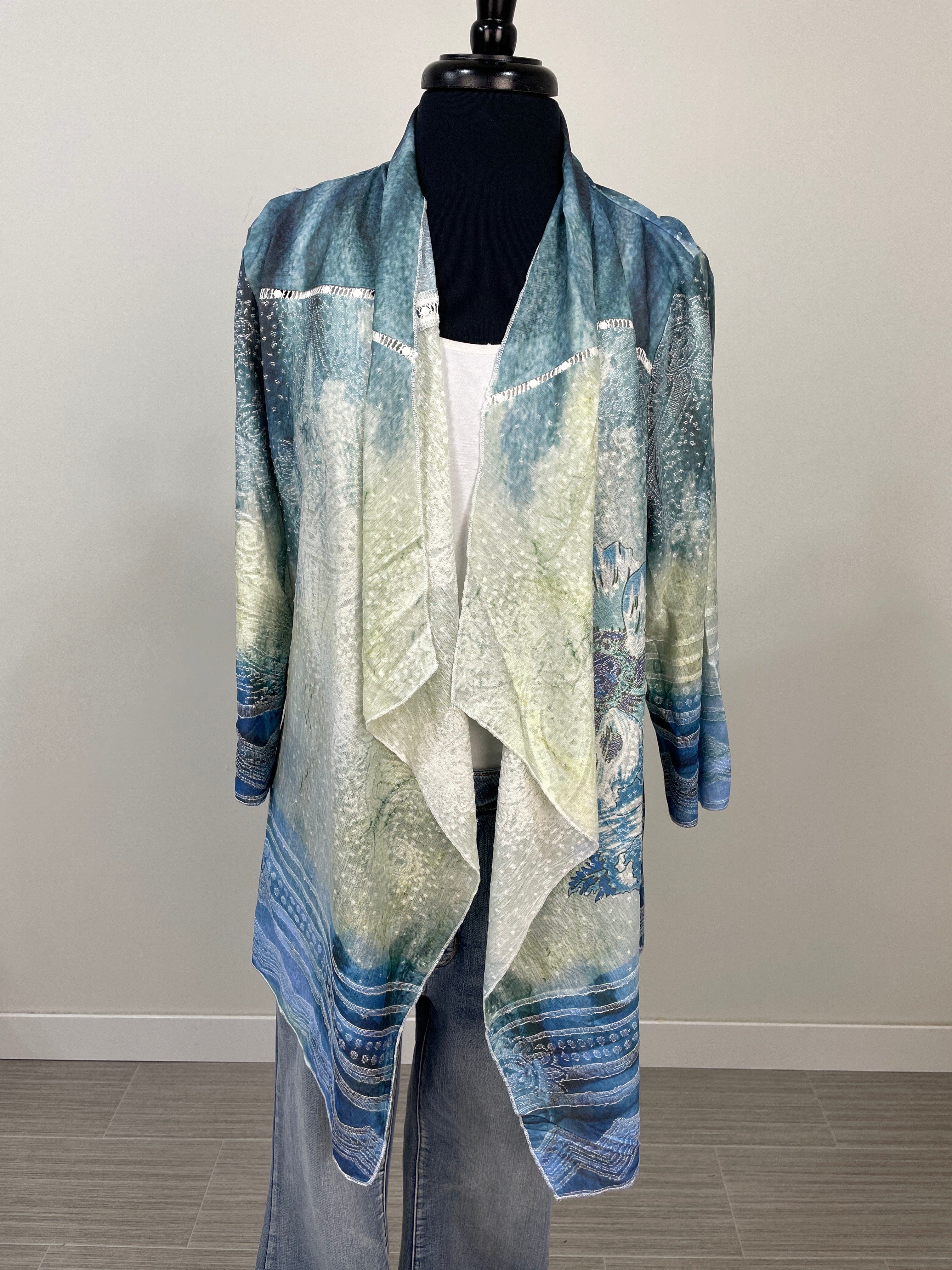 Blue Floral Textured Mesh Cardigan