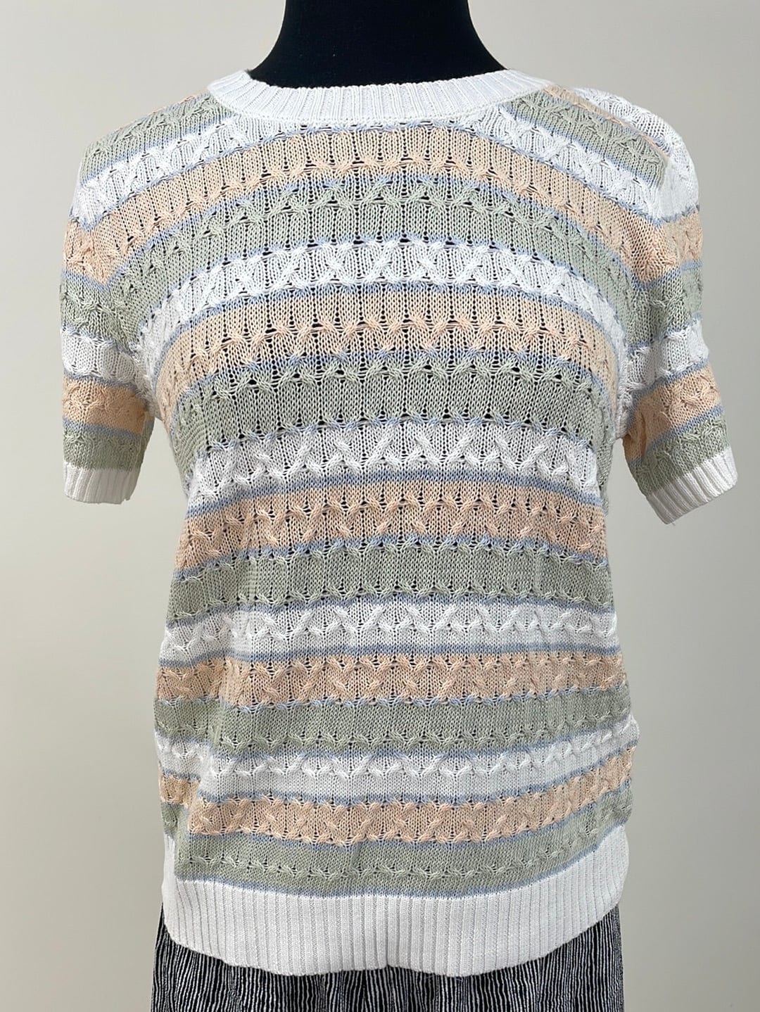 Coral & Sage Stripe Short Sleeve Sweater