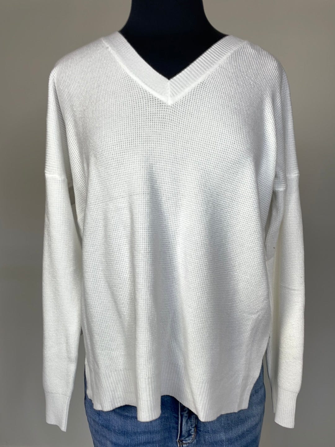 Off White Cozy Waffle Vneck Pullover