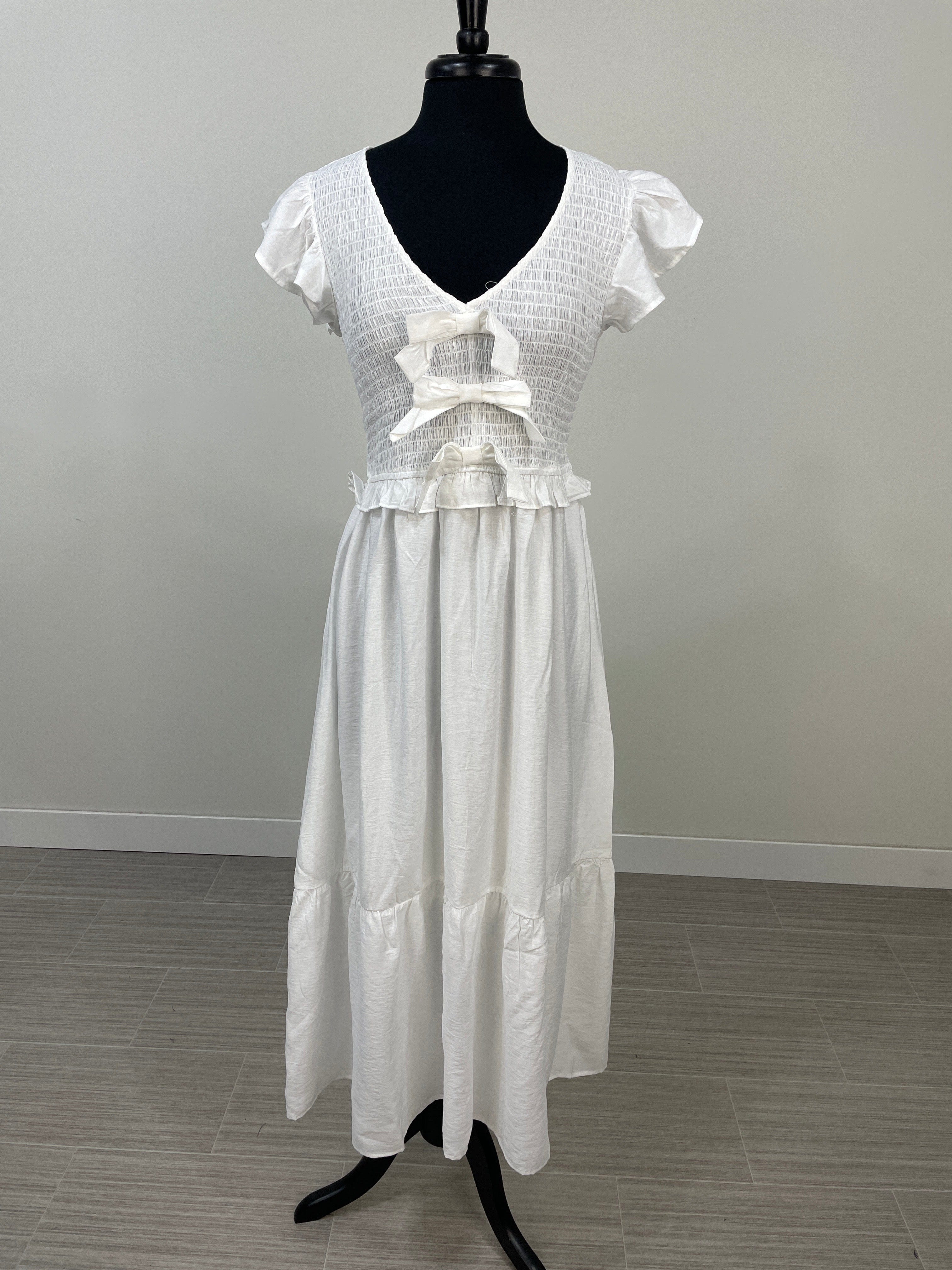 White Bow Detail Smocked Ruffle Midi Dress