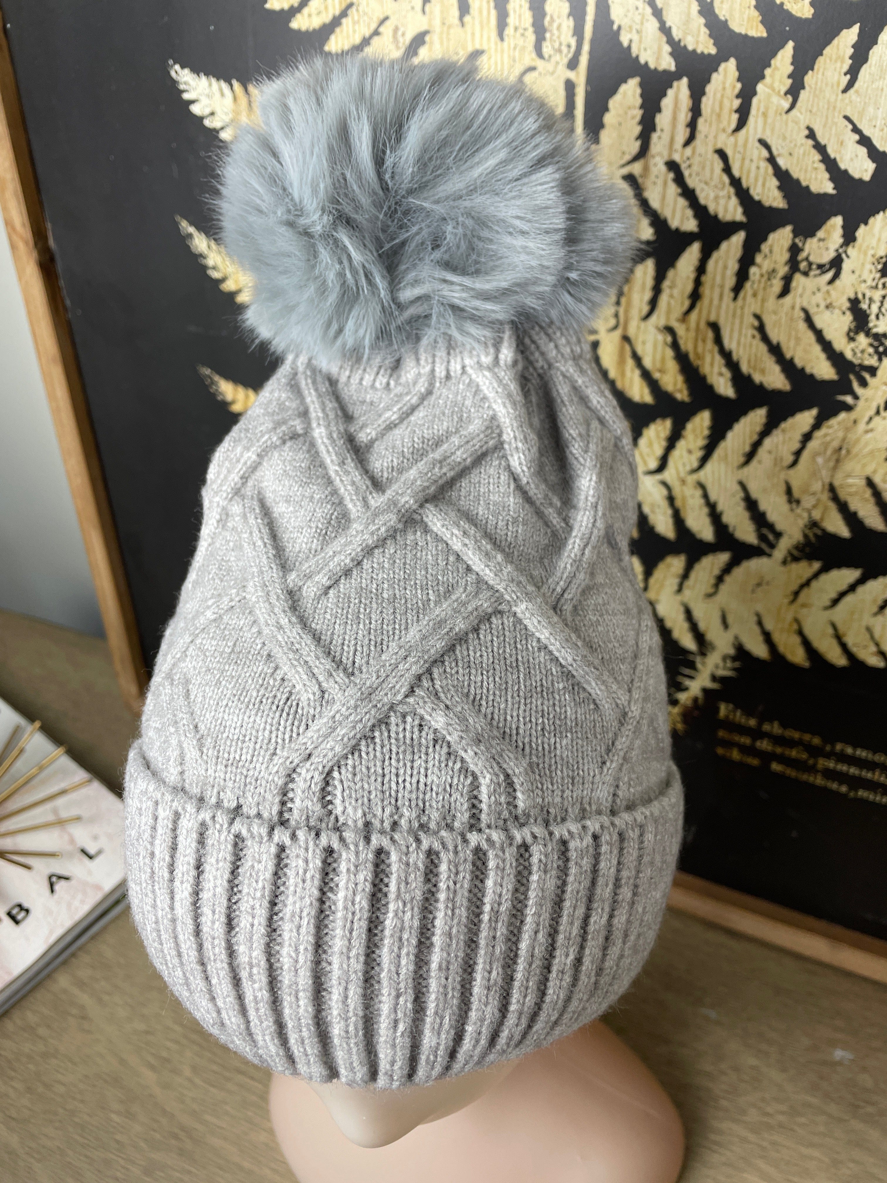 Gray Diamond Knit Fleece Lined Hat