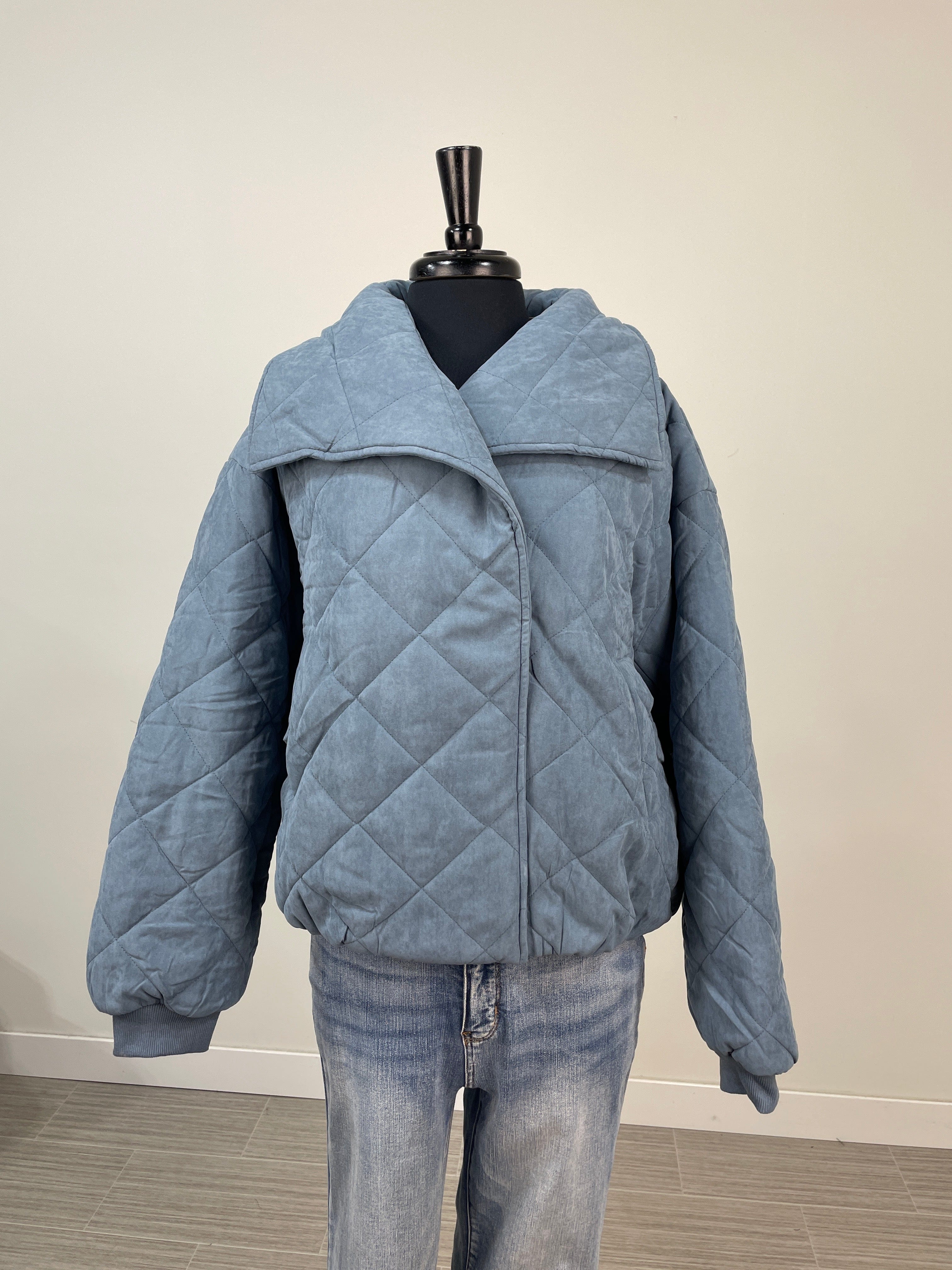 Slate Blue Quilted Bomber Jacket