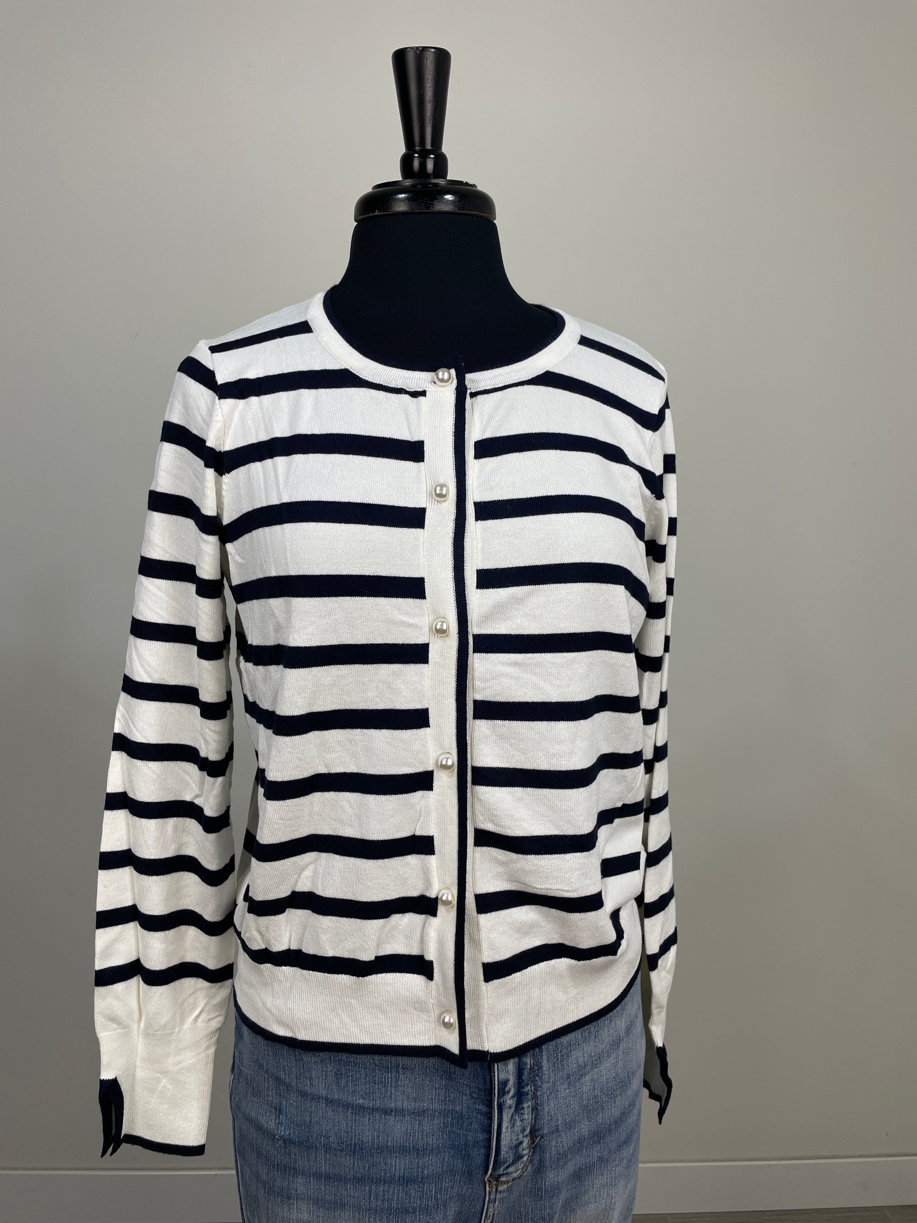 White & Navy Stripe Pearl Button Cardi