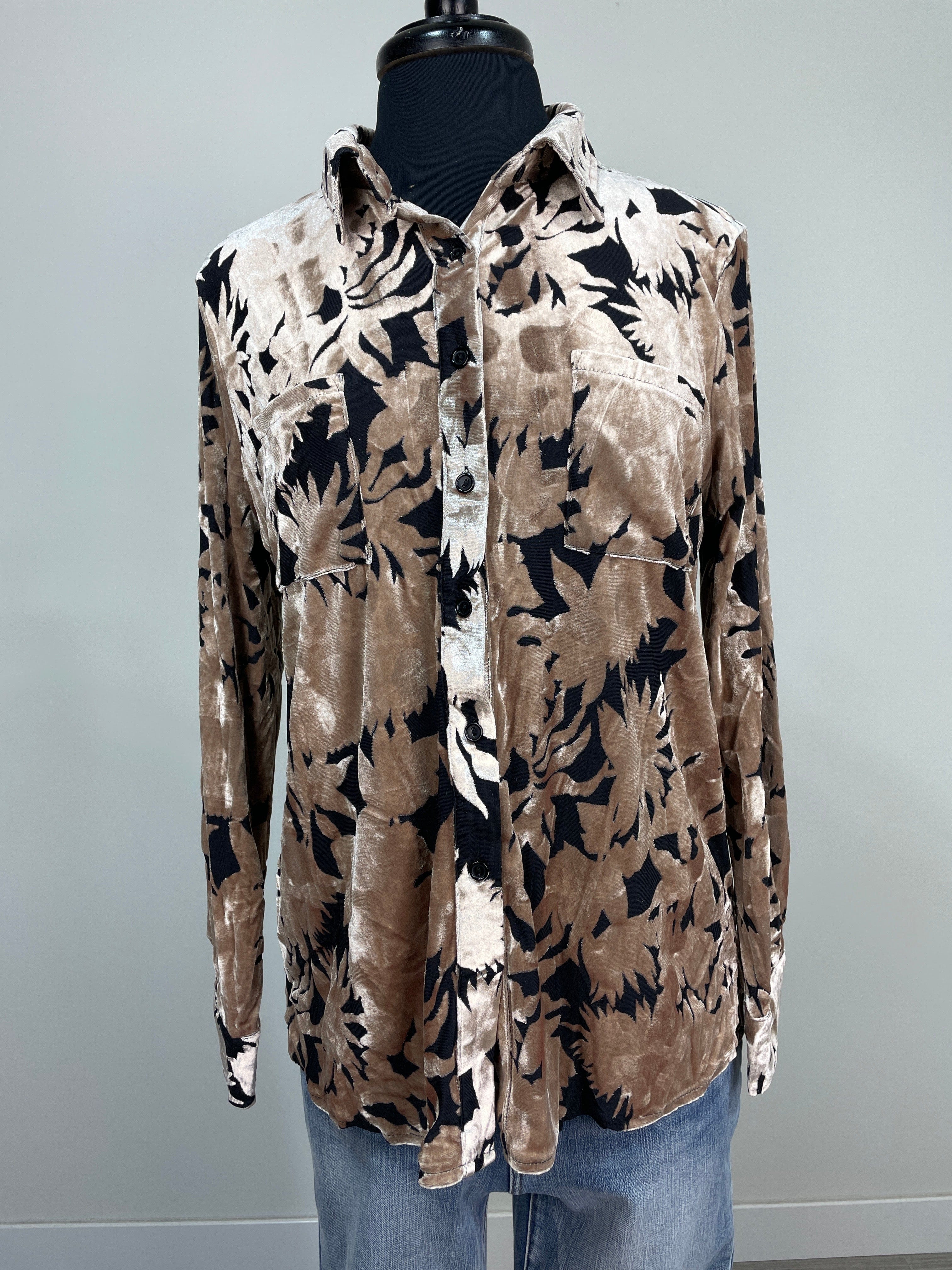 Black & Taupe Velvet Collared Shirt