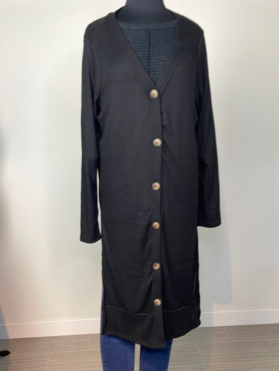 Black Ribbed Long Cardigan