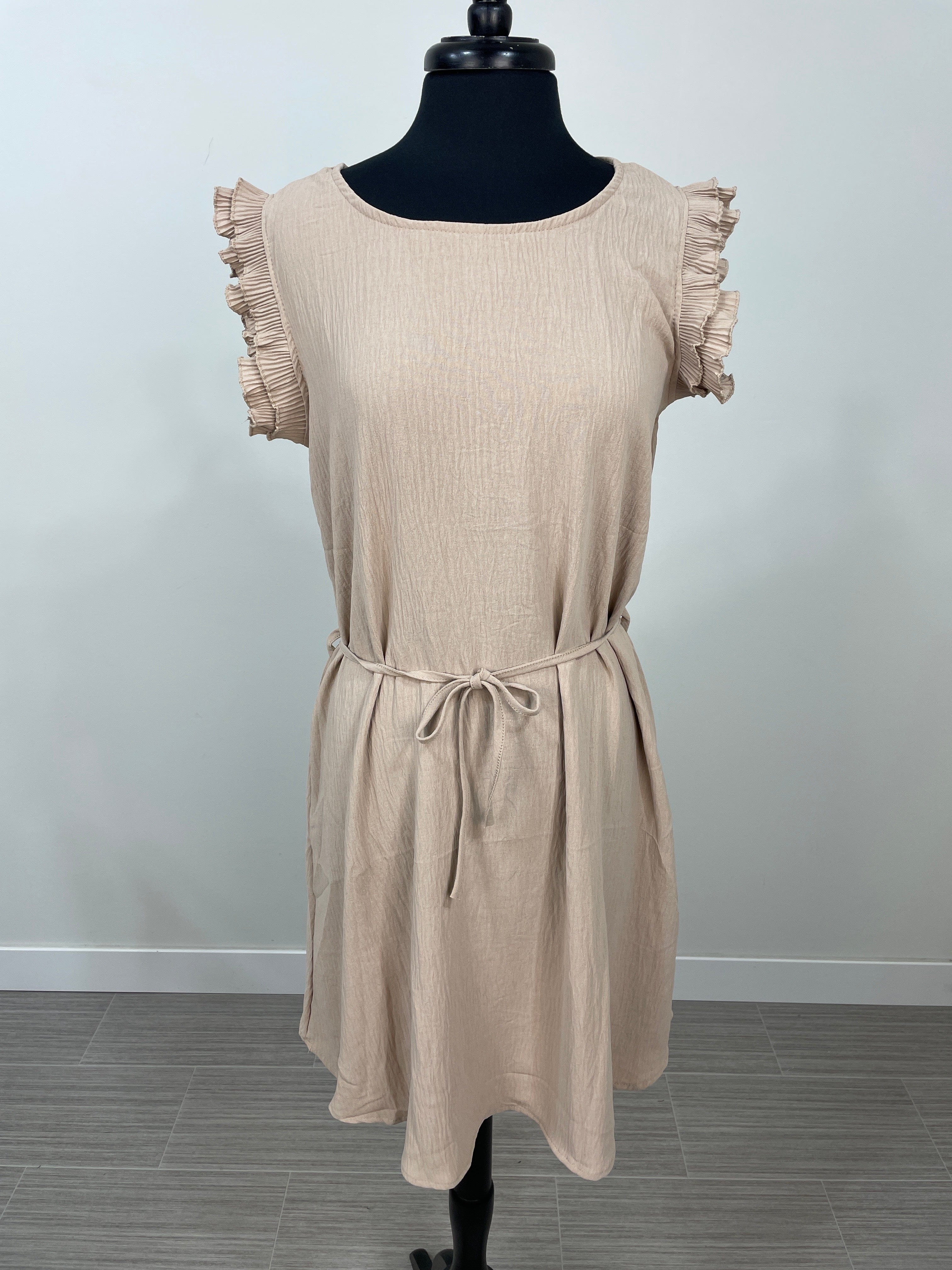 Tan Double Ruffle Cap Sleeve Dress